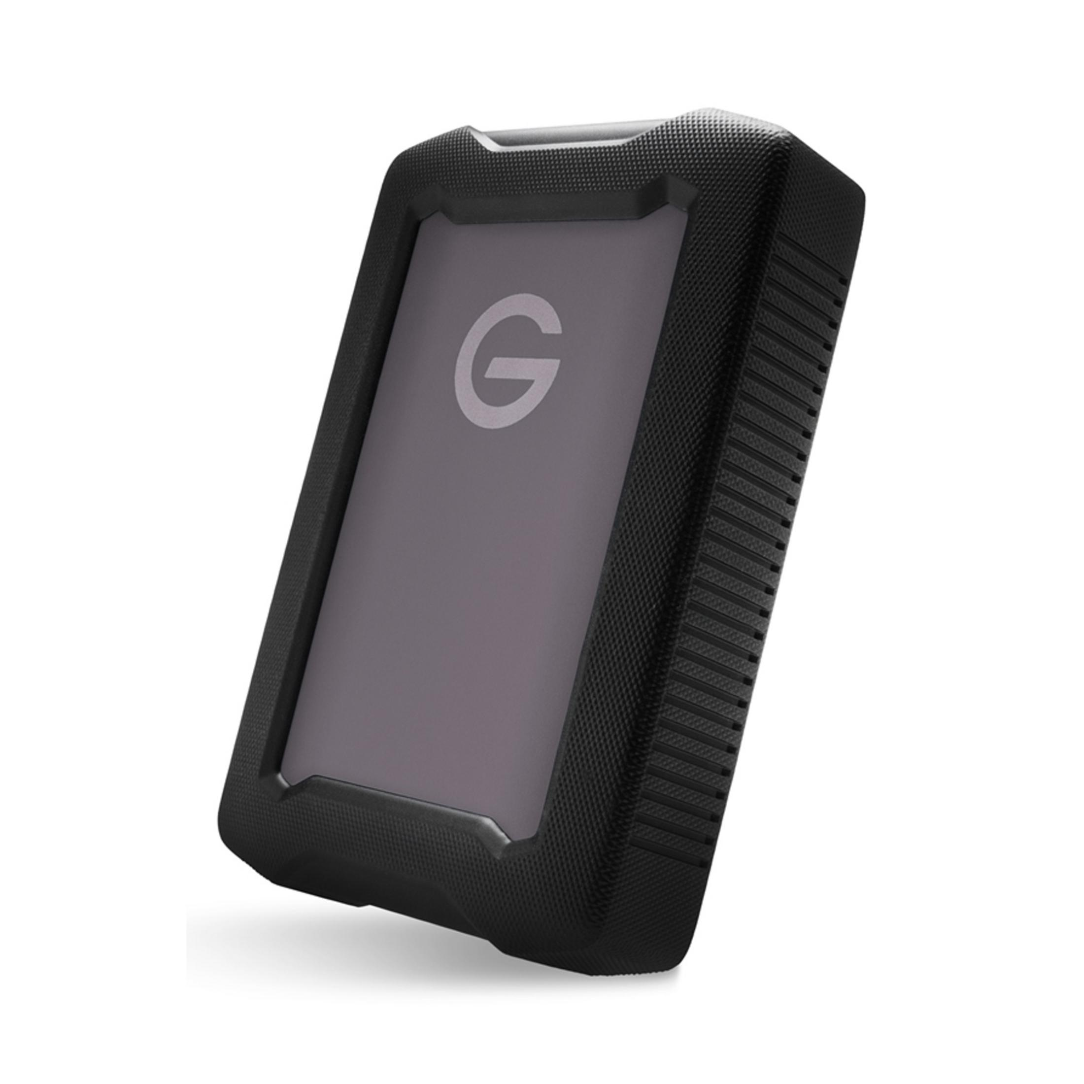 Czarny dysk zewnętrzny z logo G na szarym polu, wytrzymała obudowa.