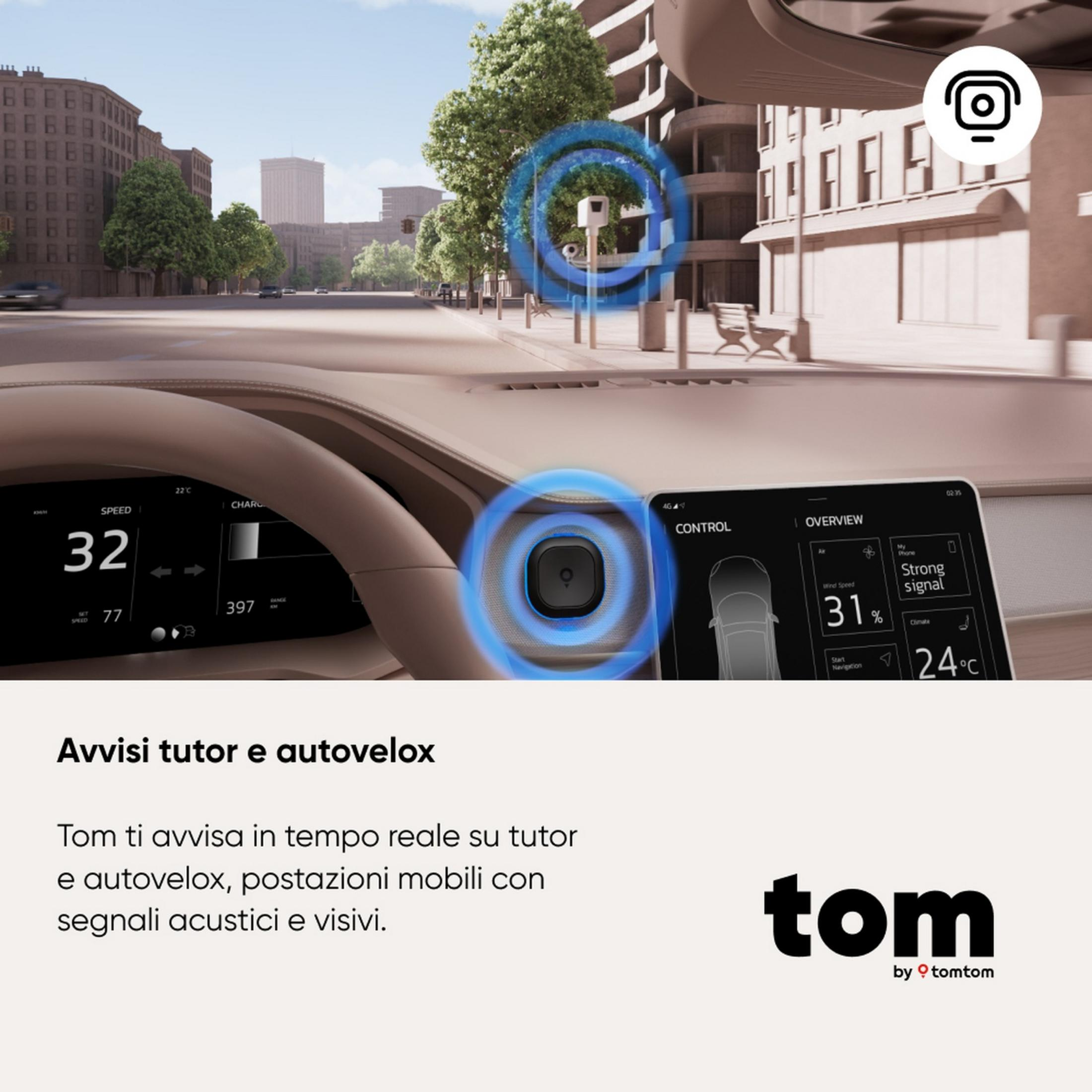 Vista interior de coche con tablero digital y escena de calle.