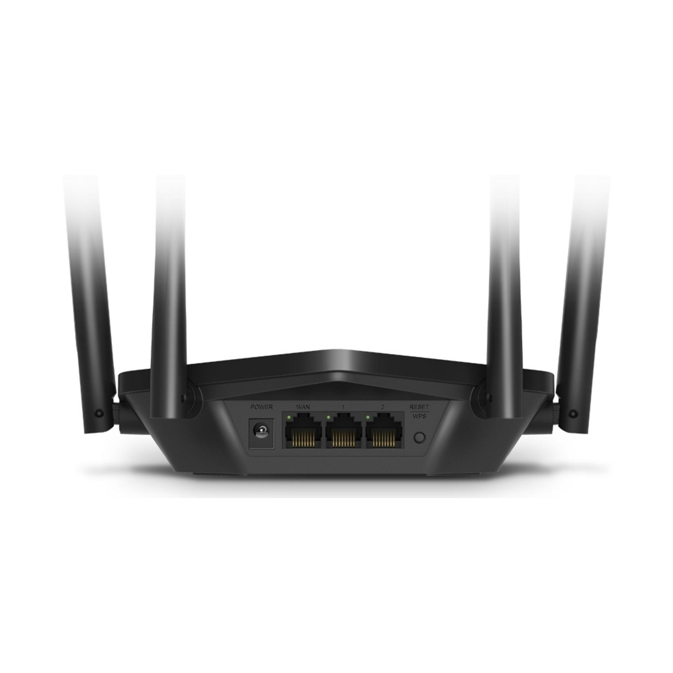 Schwarzer Router mit vier Antennen, mit Anschlüssen für Strom, WAN und LAN.