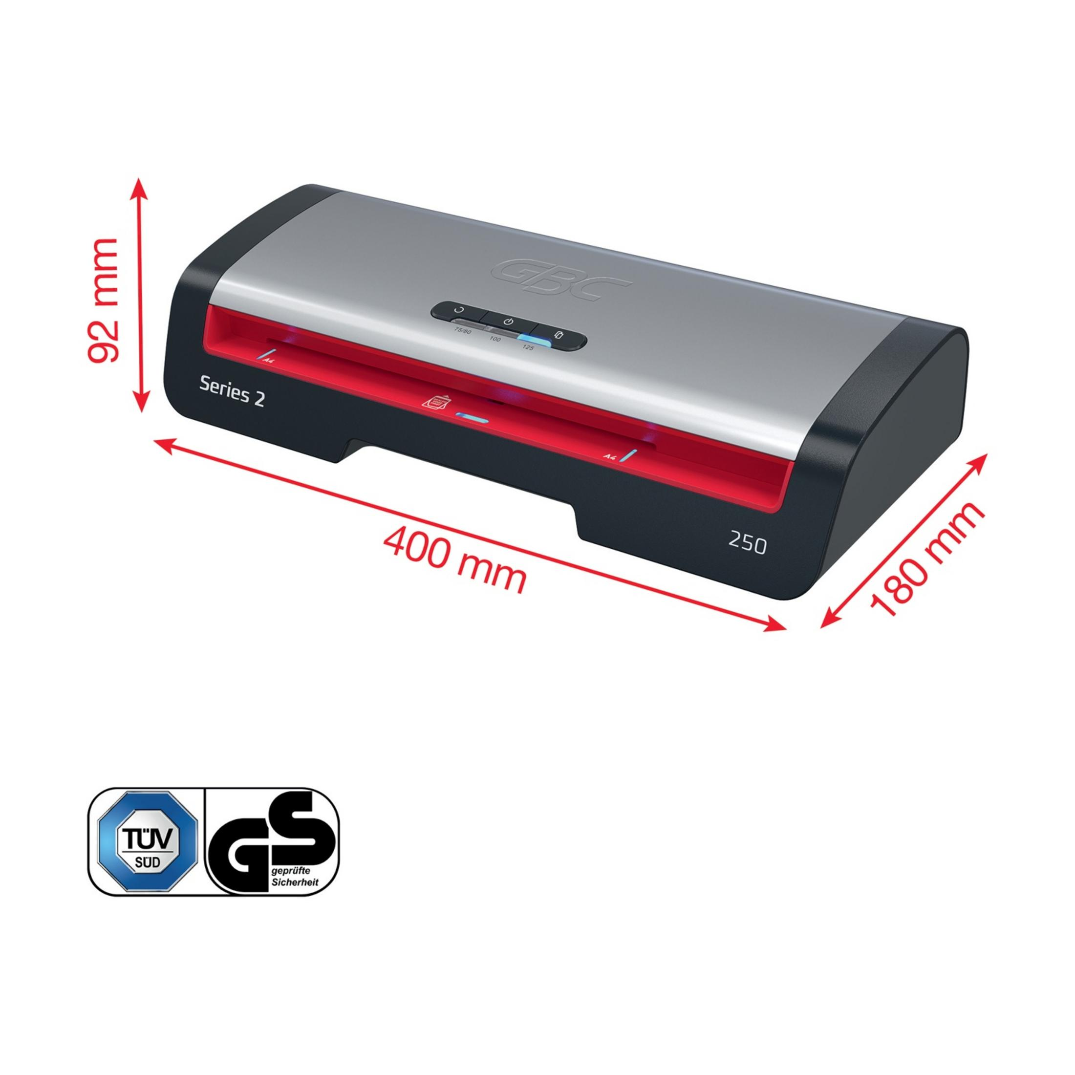 Plastificatrice GBC Serie 2, 400x180x92mm, con pannello di controllo e loghi di certificazione.