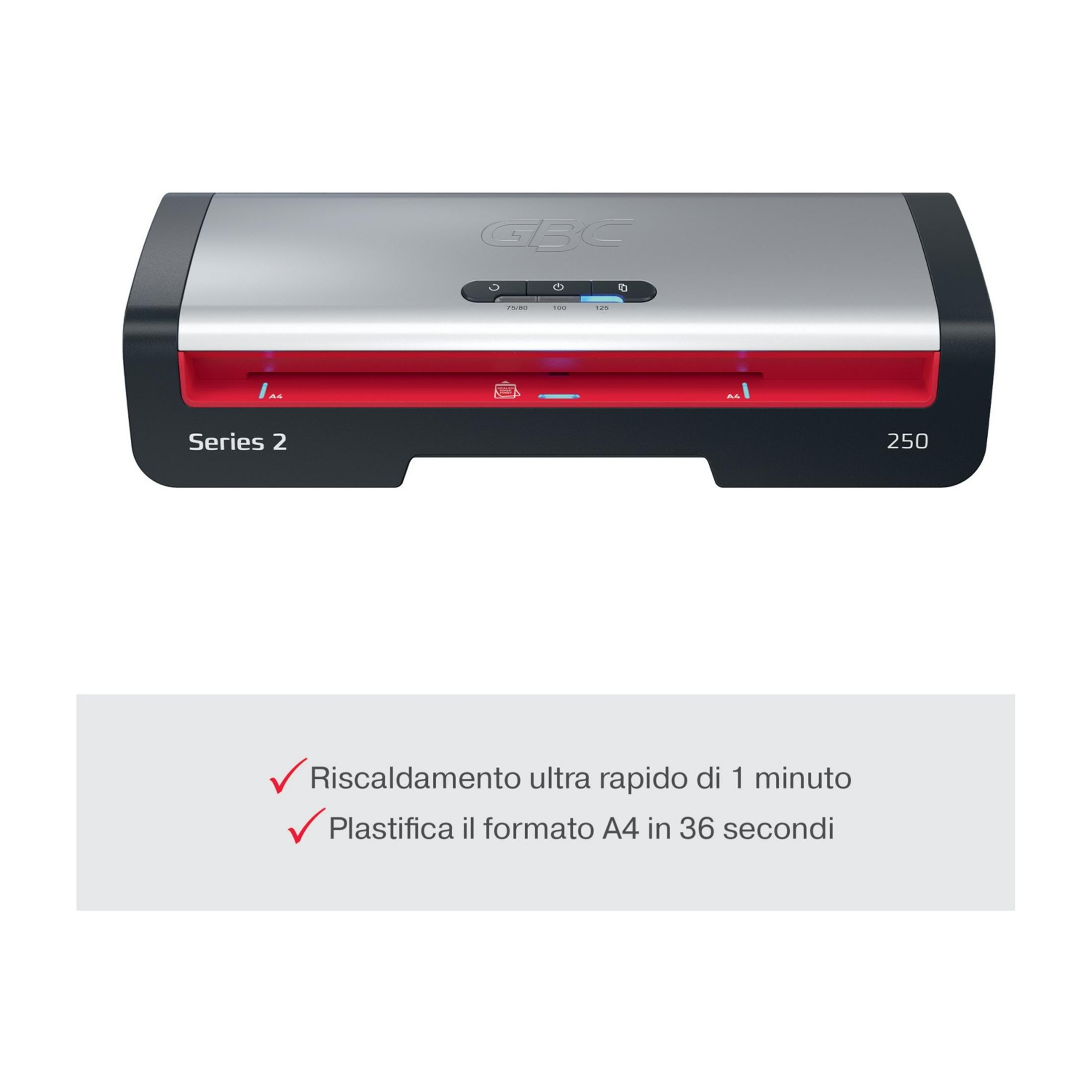 Plastificatrice GBC Serie 2 250 con fessure di ingresso rosse e pulsanti di controllo.