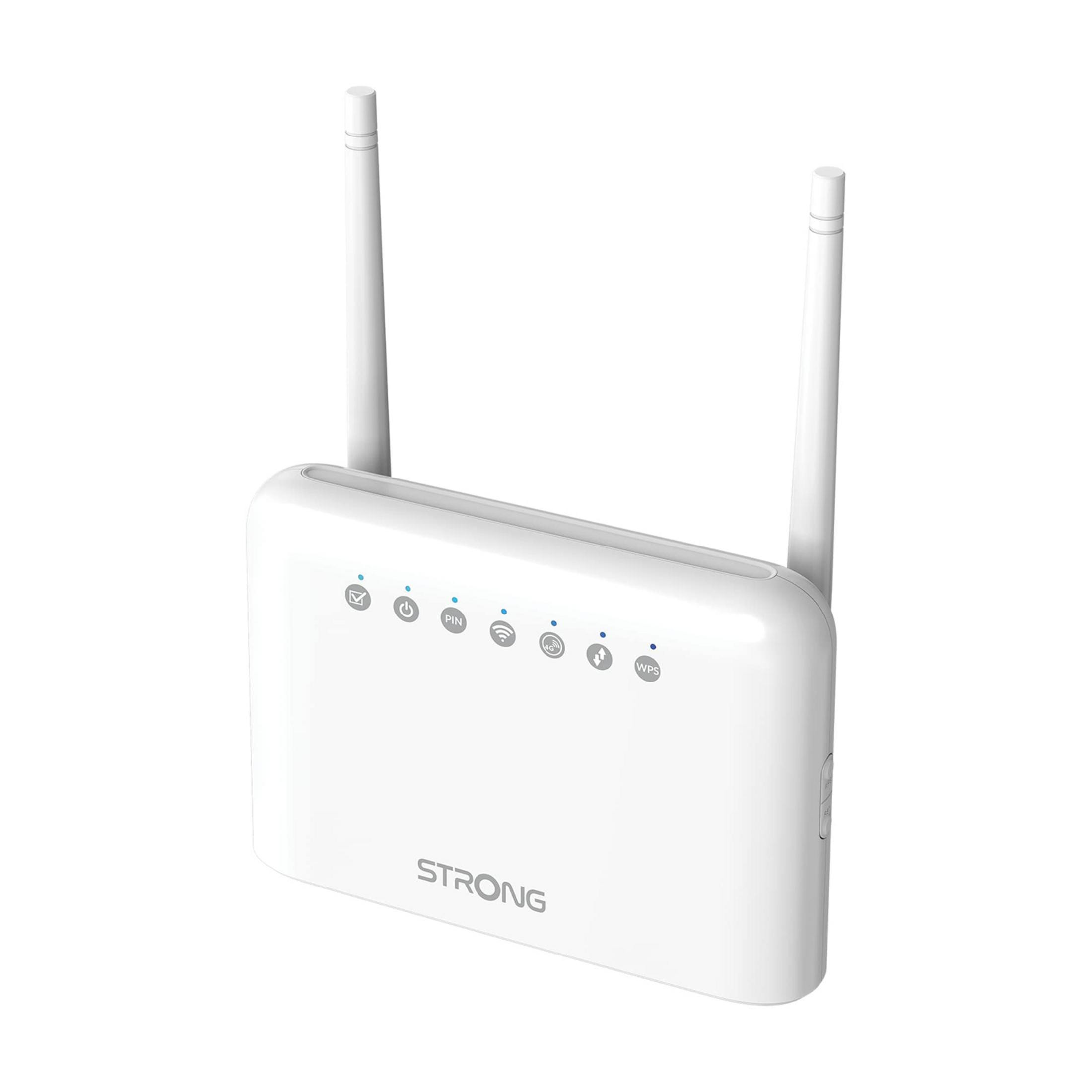 Un router WiFi blanco con dos antenas y luces indicadoras.