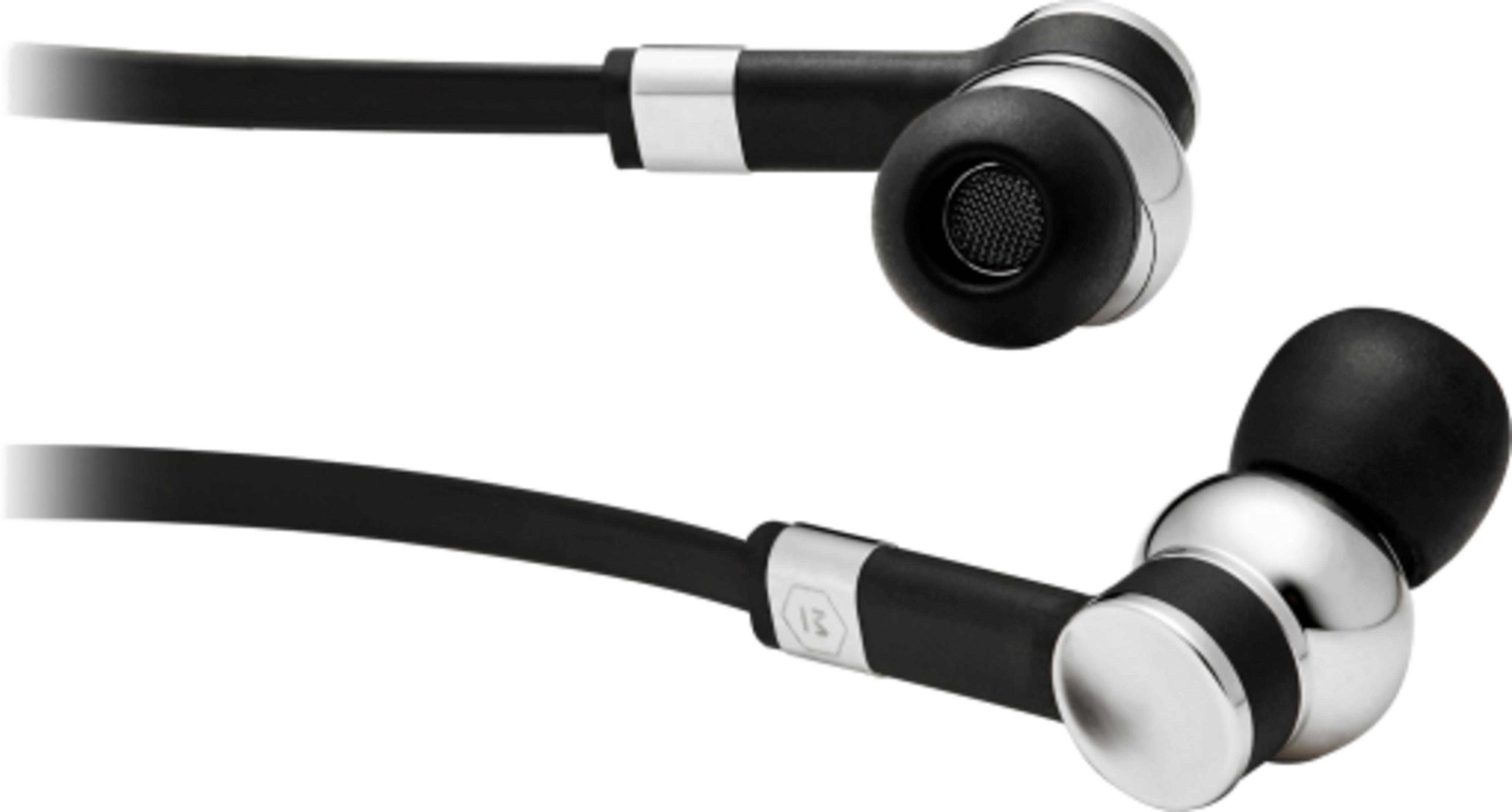 Auricolari neri con accenti argentati, su sfondo bianco.