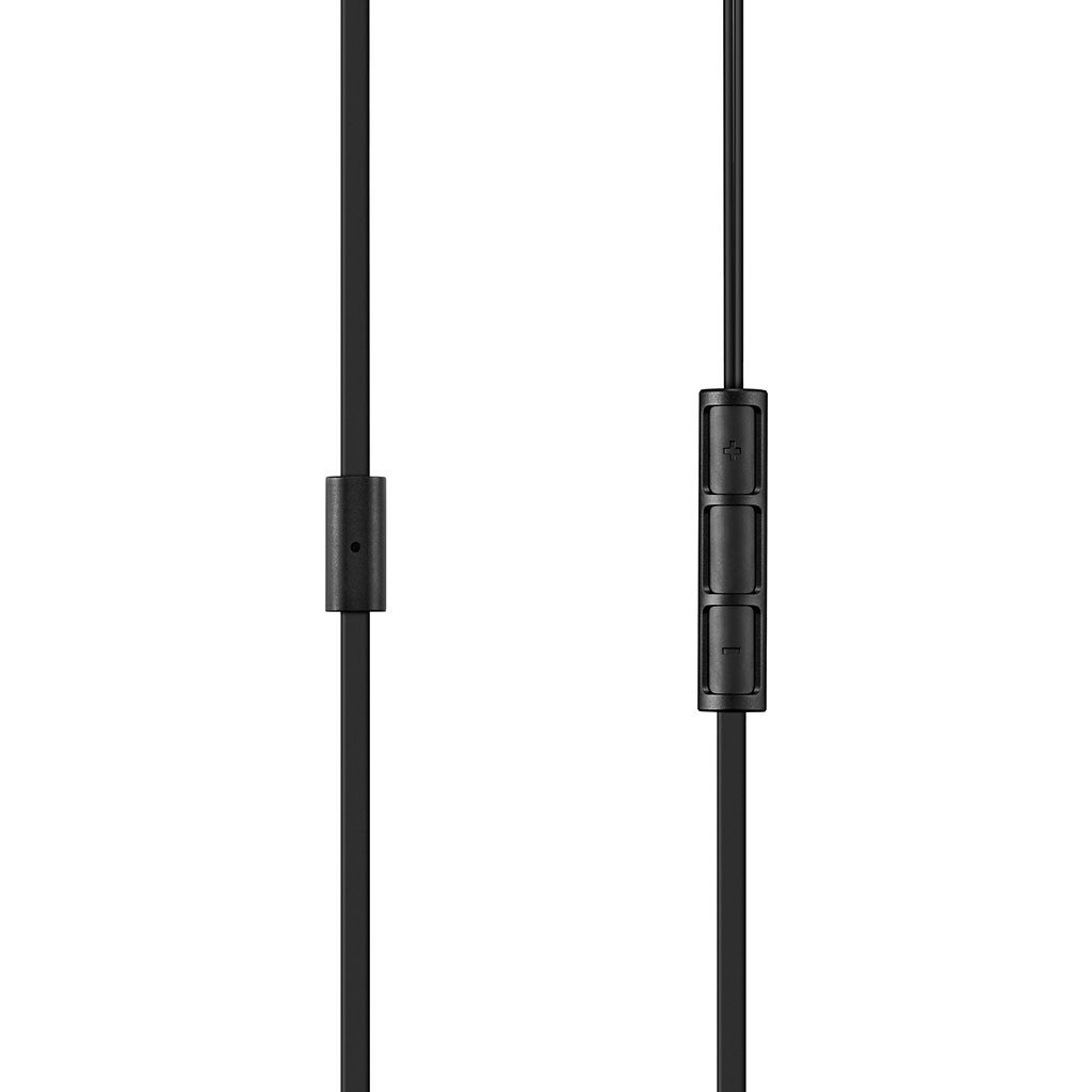 Cavo per cuffie nero con controlli in linea e pulsanti del volume.