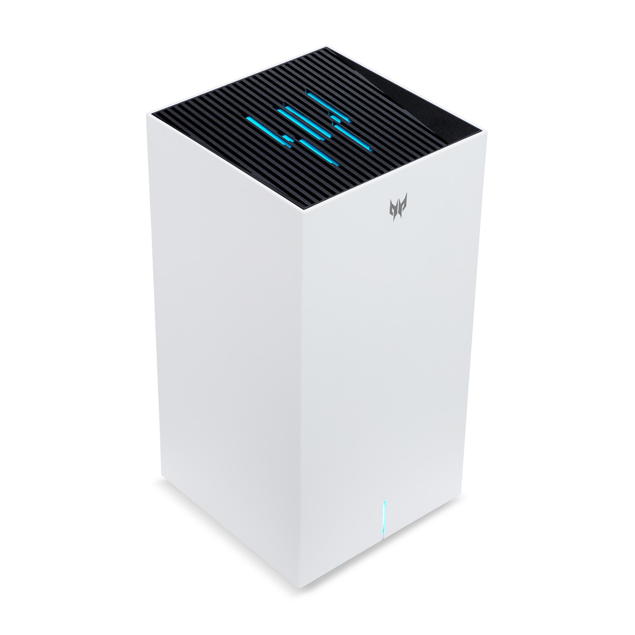 Biała kostka z czarną kratką i niebieskimi światłami.