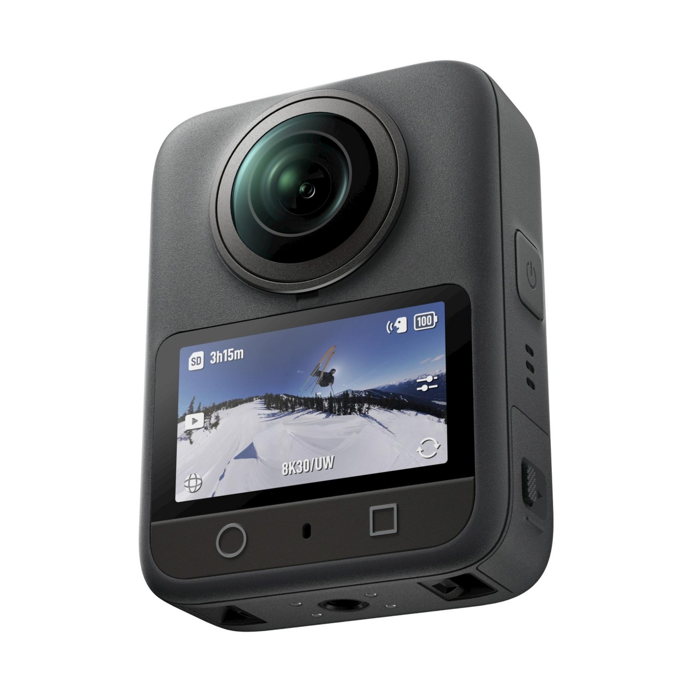 Eine graue 360-Grad-Kamera mit einem Bildschirm, der einen Skifahrer zeigt.