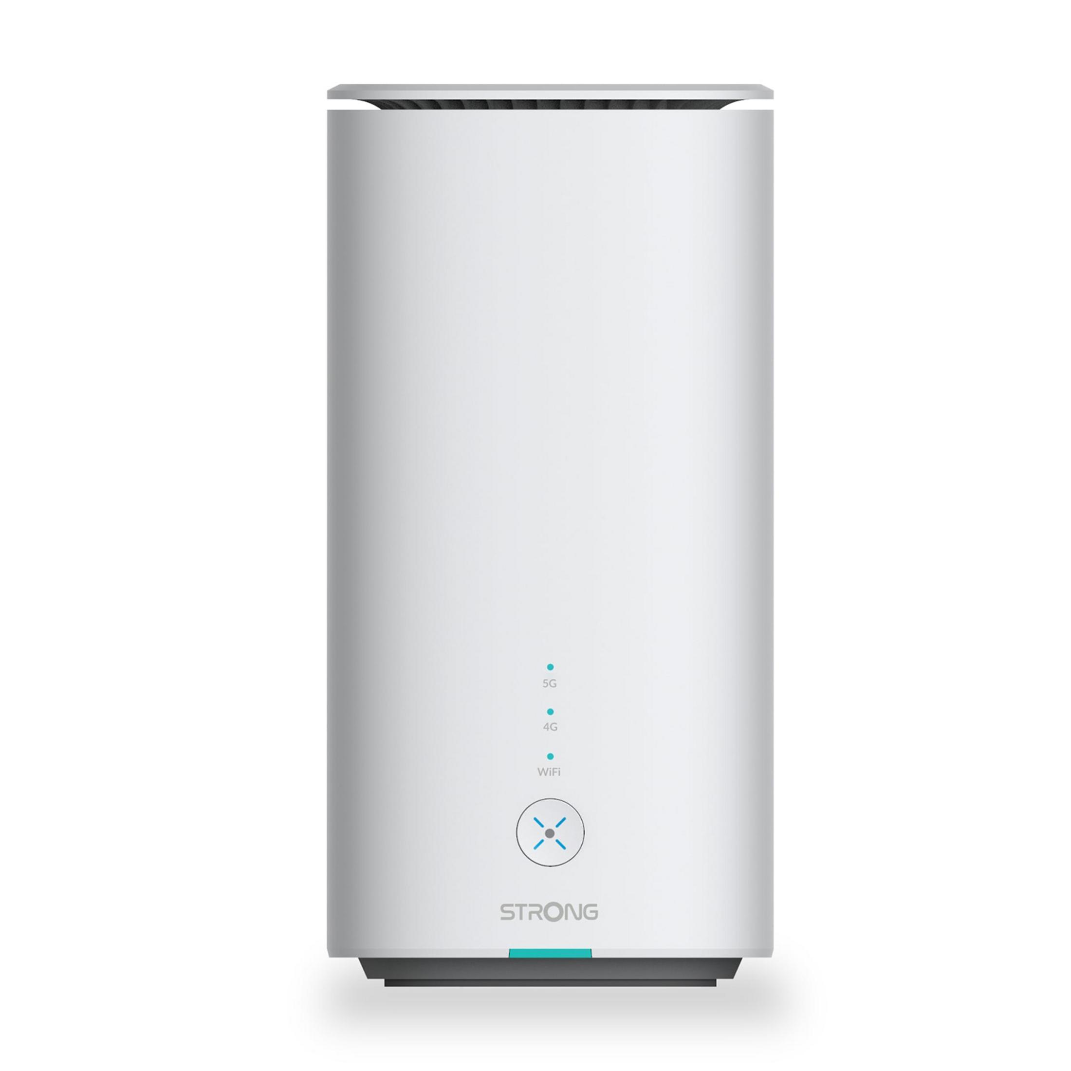 Ein weißer zylindrischer STRONG WiFi-Router mit blauen Kontrollleuchten und einem runden Knopf.