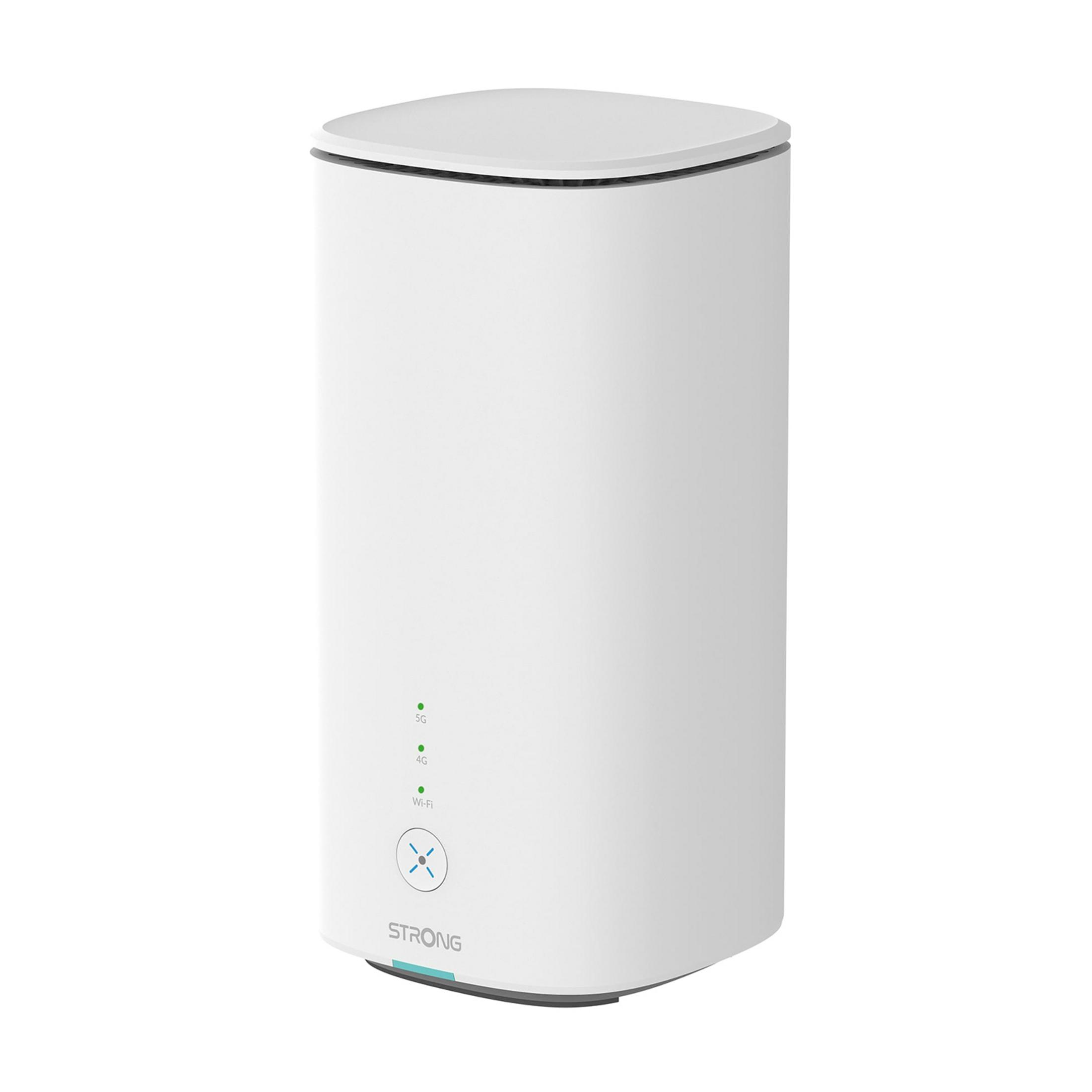 Ein weißer 5G-Router mit leuchtenden LEDs für 5G, 4G und Wi-Fi.