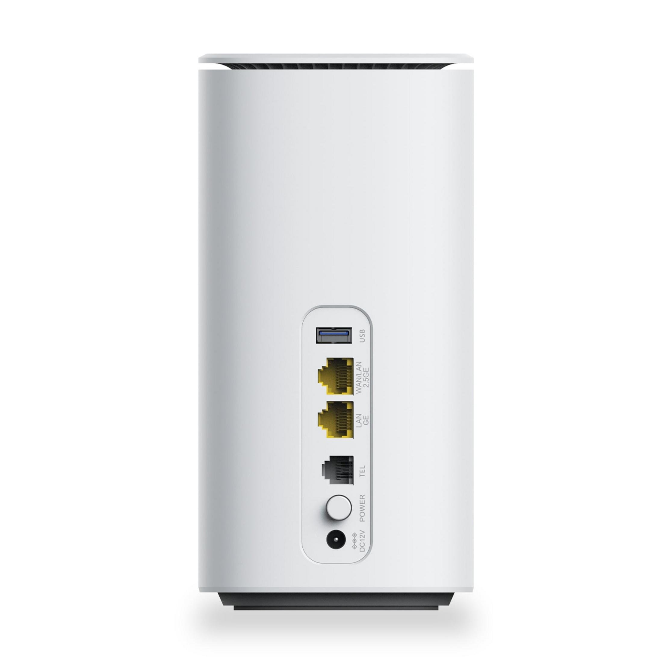 Weiße Router-Rückseite mit Anschlüssen: USB, WAN/LAN 2.5GE, LAN GE, TEL, POWER, DC12V.