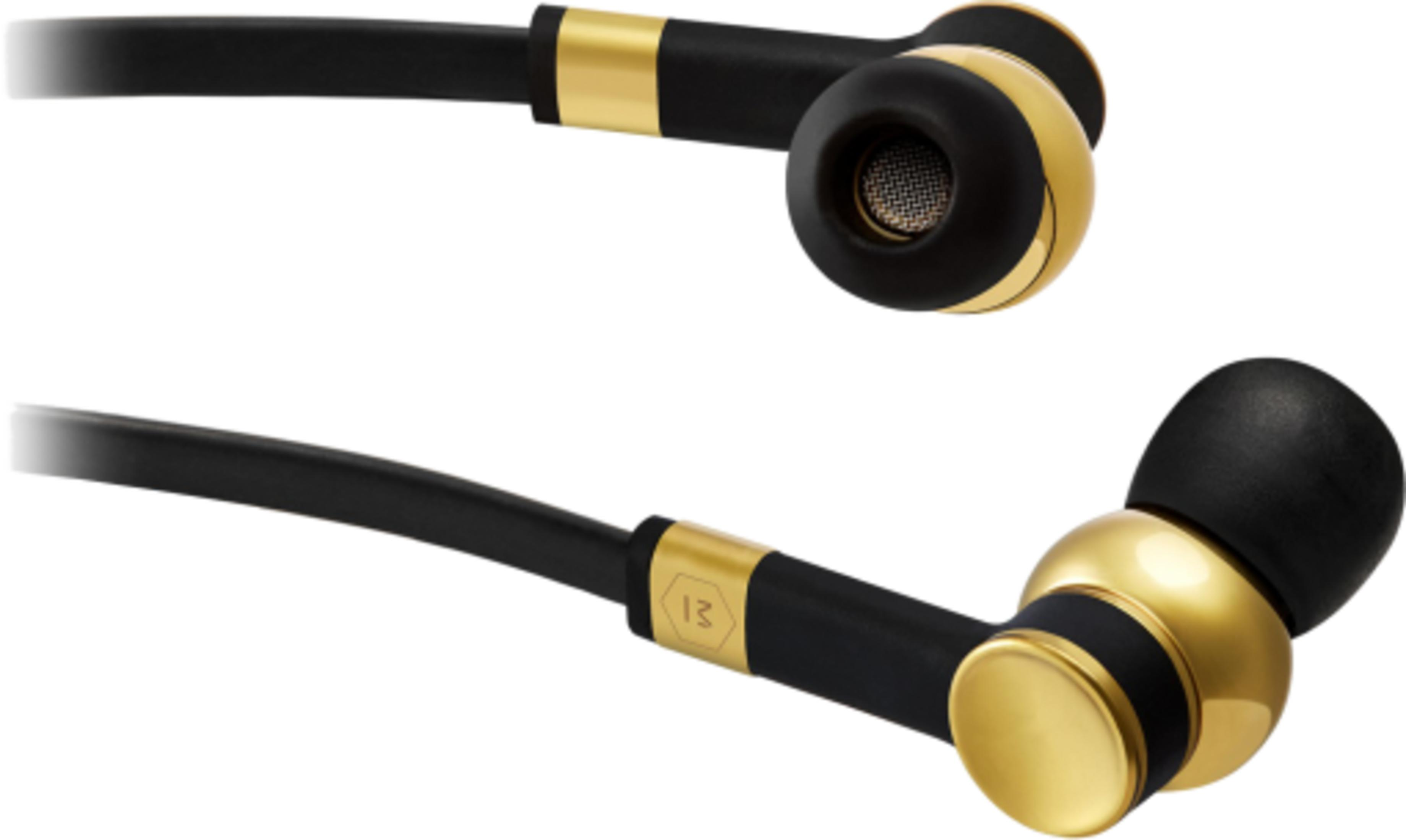 Auricolari neri con accenti dorati e logo sul cavo.