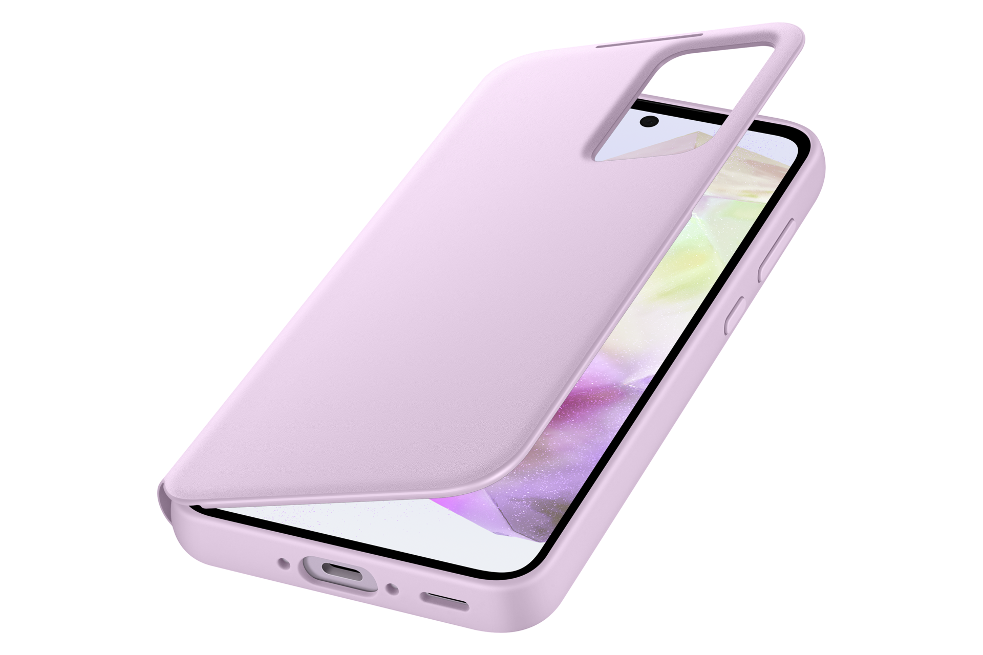 Una funda de teléfono lila se coloca sobre un smartphone con pantalla colorida.