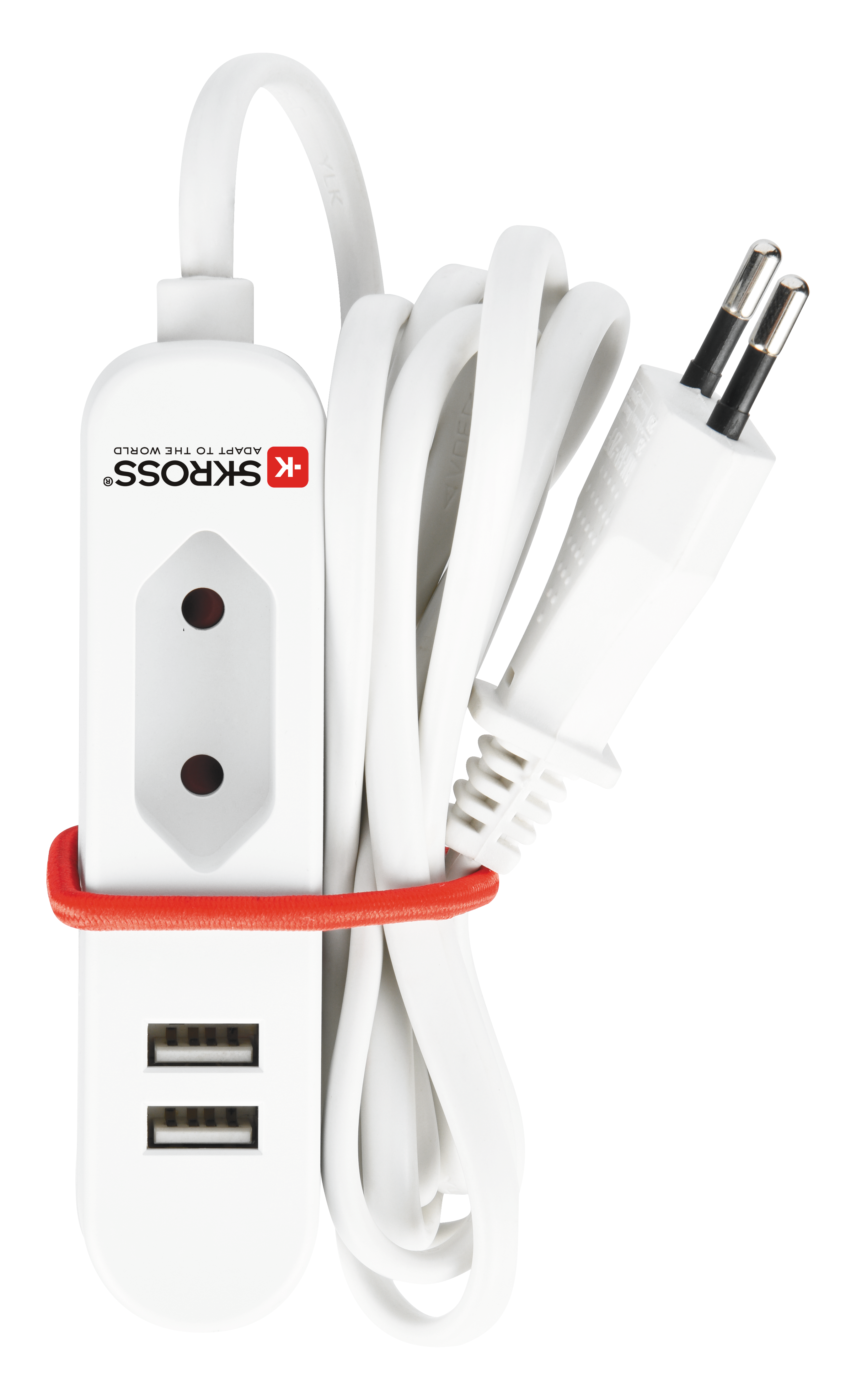Un adattatore da viaggio bianco con due porte USB e una spina.