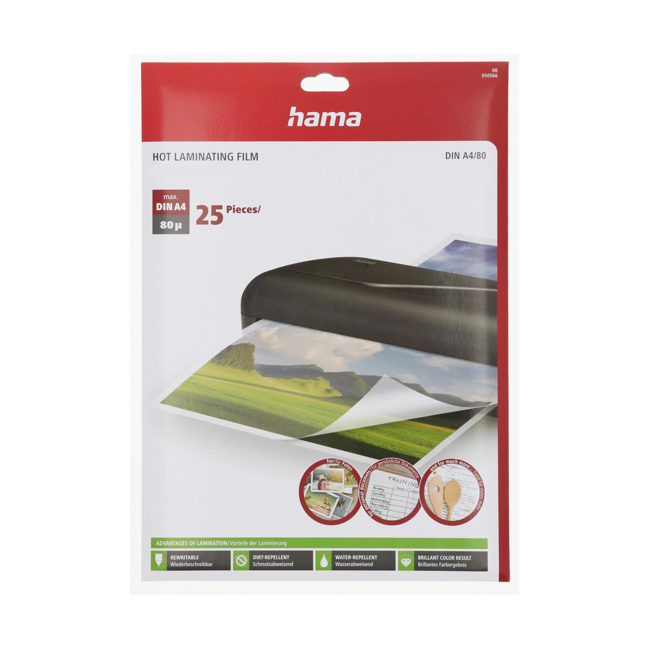 Folia do laminowania na gorąco Hama, DIN A4, 80µ, 25 sztuk, ze zdjęciem laminatora.