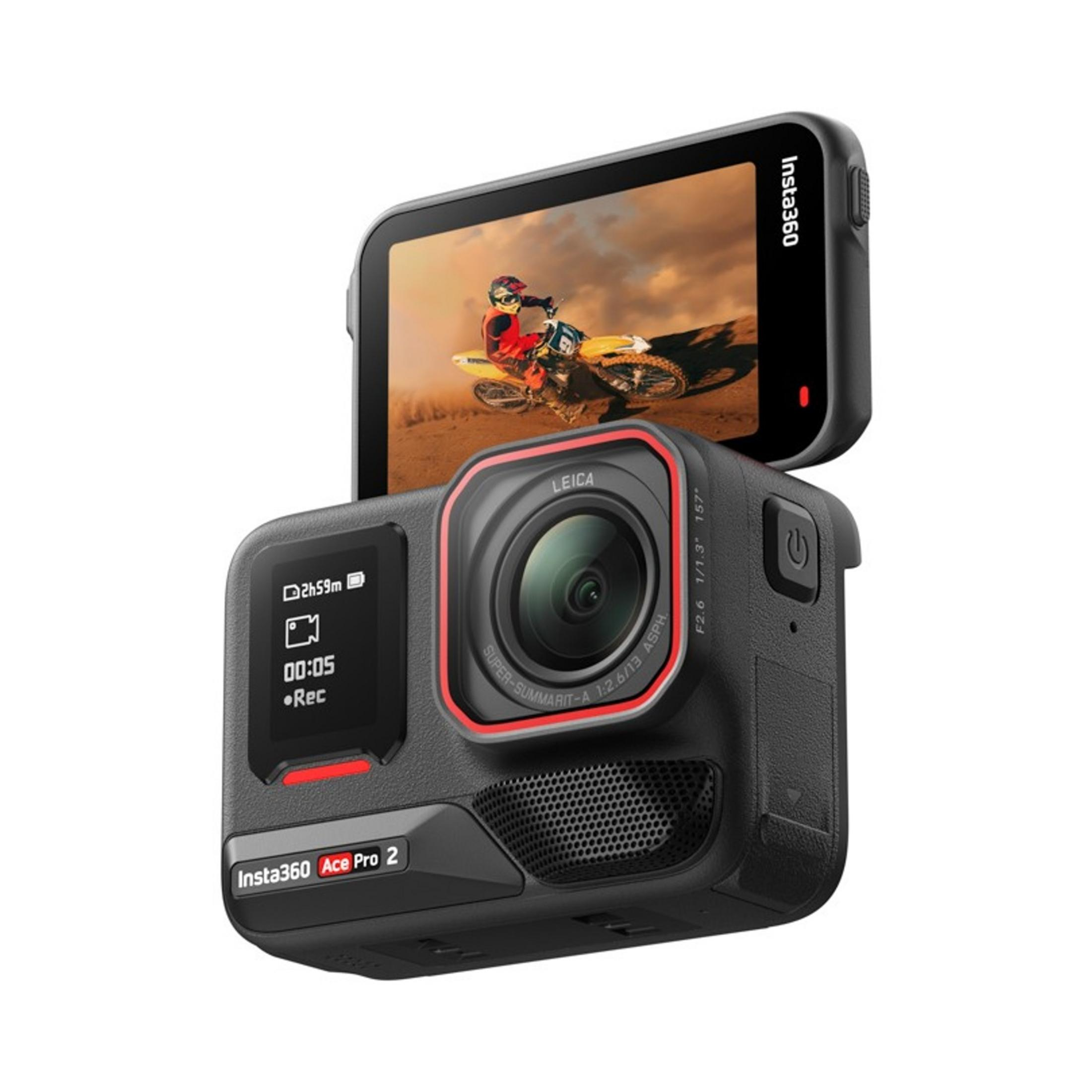 Una cámara Insta360 Ace Pro 2 negra con anillo rojo alrededor del lente.