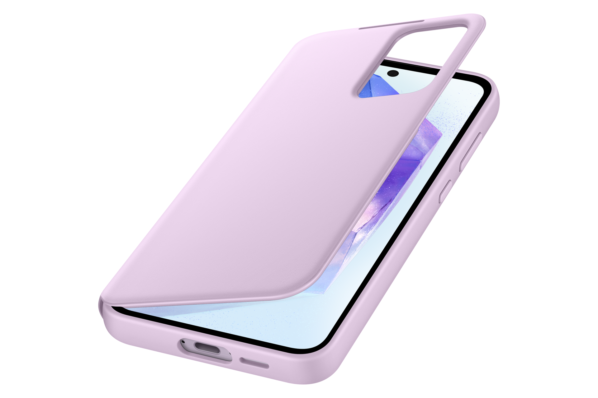 Ein hellviolettes Handycover wird über ein Smartphone mit blauem Hintergrund gezogen.