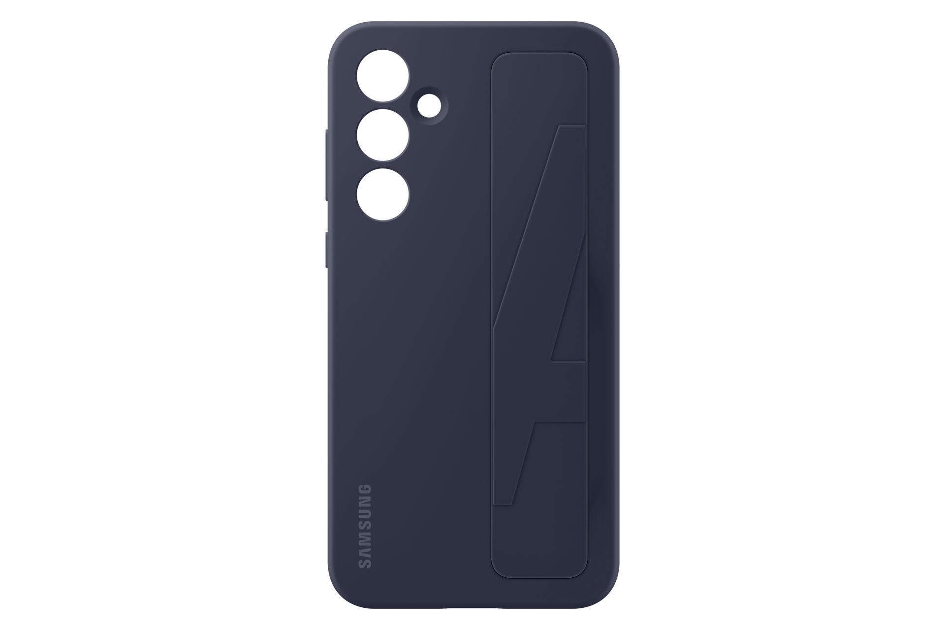Granatowe etui na telefon z trzema wycięciami na aparat i stojakiem w kształcie litery A.