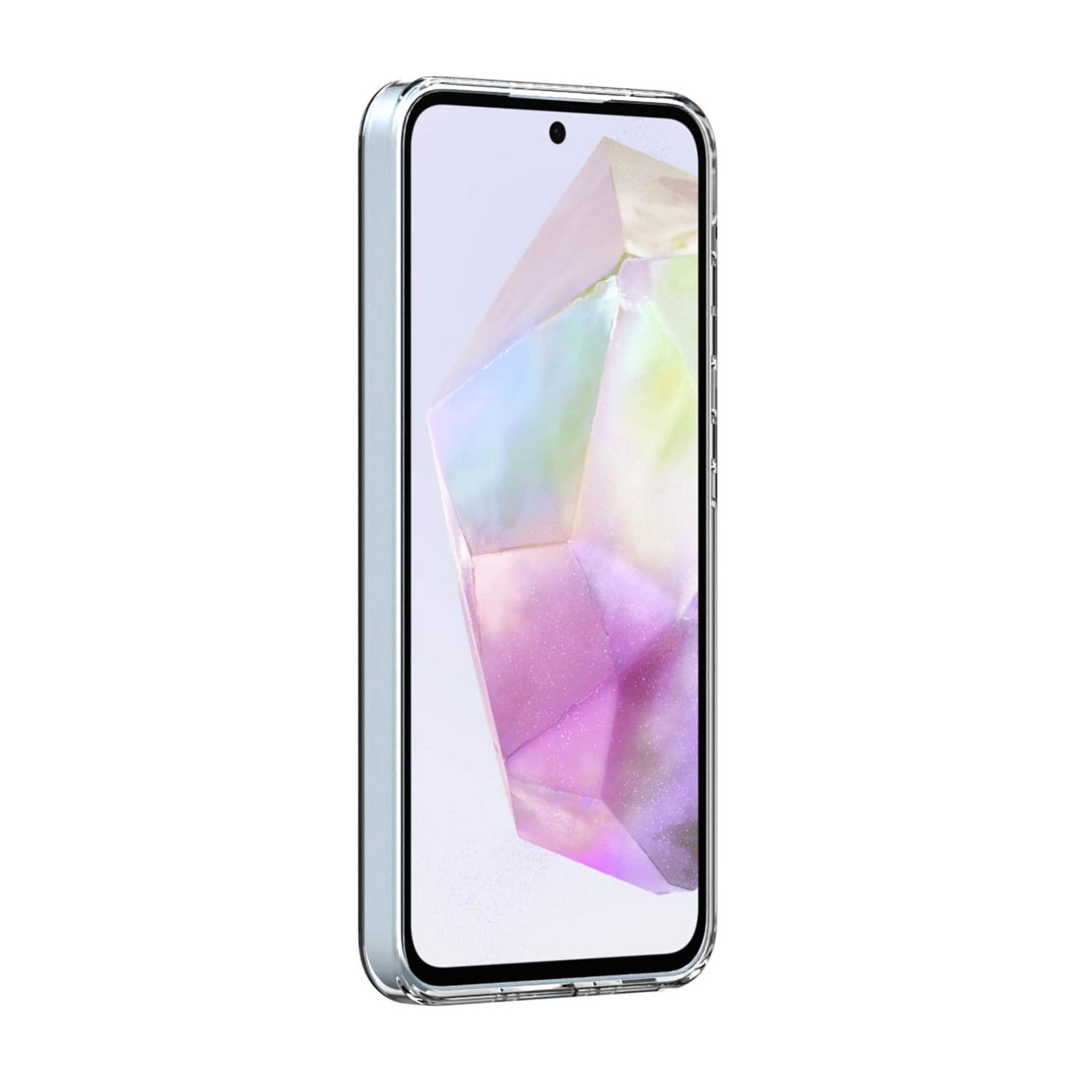 Un telefono trasparente con uno sfondo di cristallo colorato.