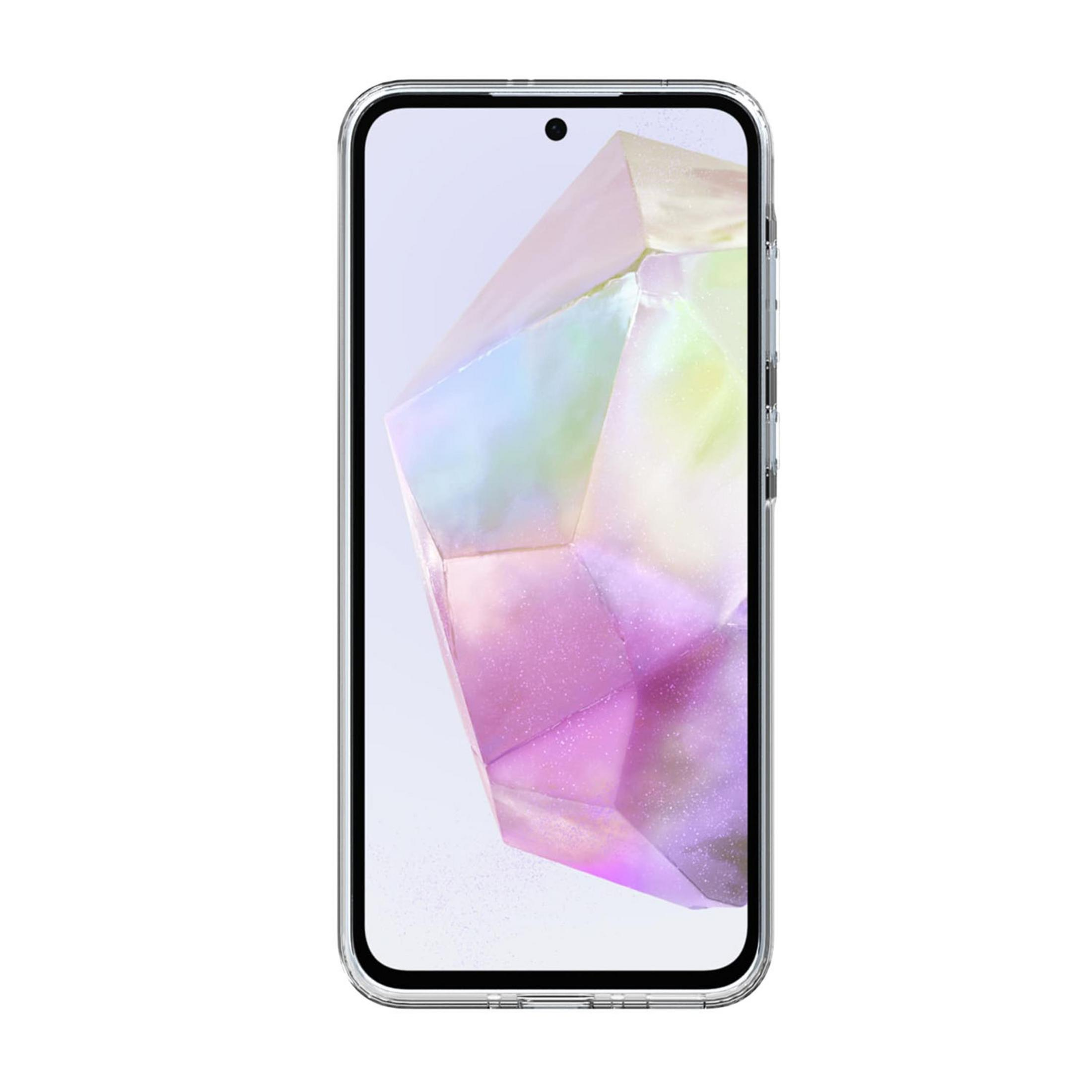 Una cover trasparente per telefono con uno sfondo di cristallo colorato.