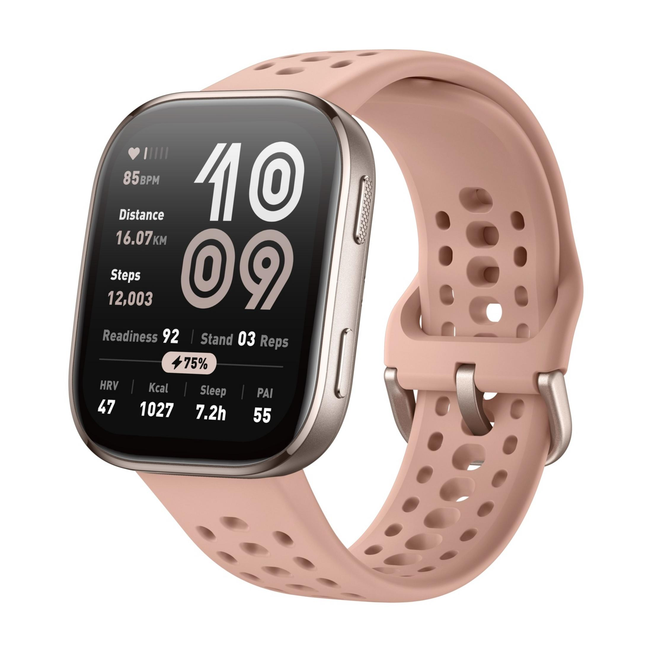 Różowy smartwatch ze srebrną kopertą wyświetlający dane zdrowotne.