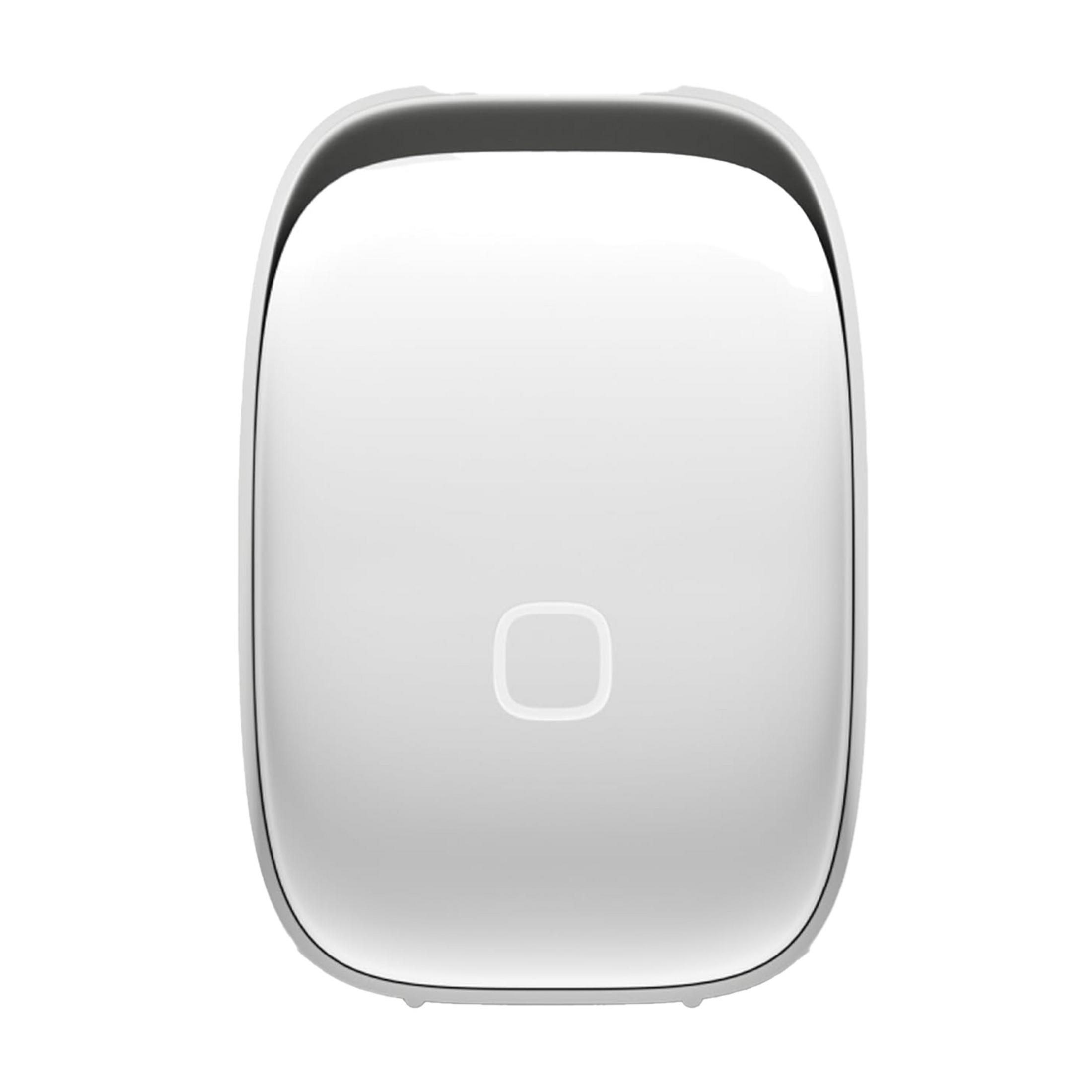 Un dispositivo rettangolare bianco e arrotondato con un simbolo quadrato al centro.