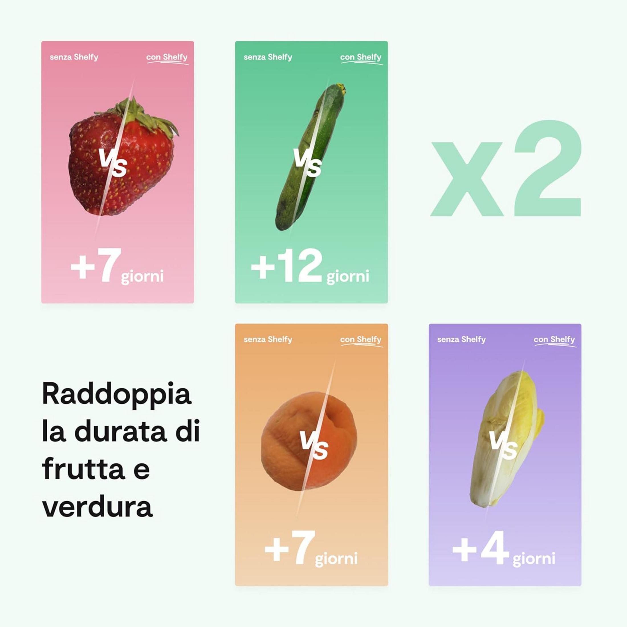 Confronto frutta e verdura con e senza Shelfy. Fragola +7 giorni, zucchina +12 giorni, albicocca +7 giorni, cicoria +4 giorni.