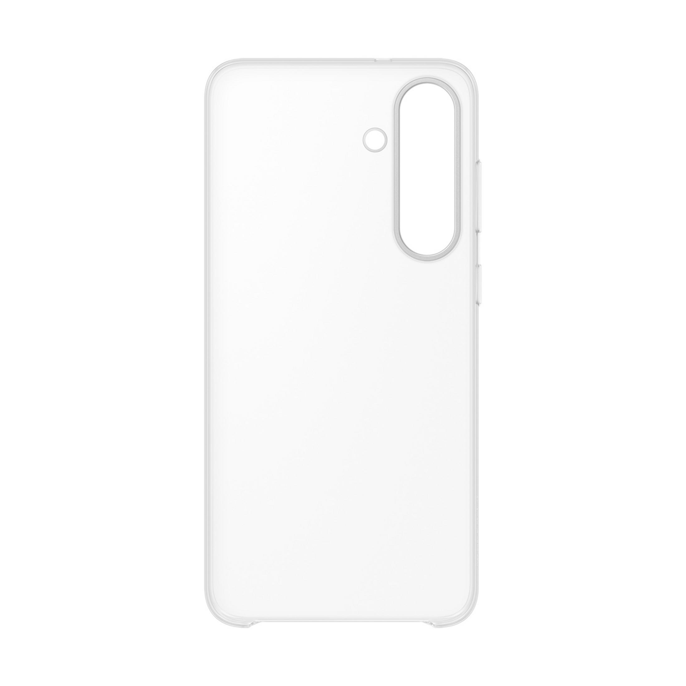 Custodia trasparente per telefono con ritagli per fotocamera e pulsanti.