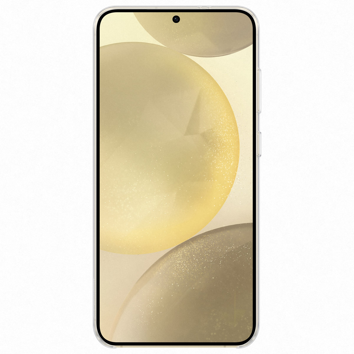 Smartfon w przezroczystym etui z żółtym, błyszczącym tłem.
