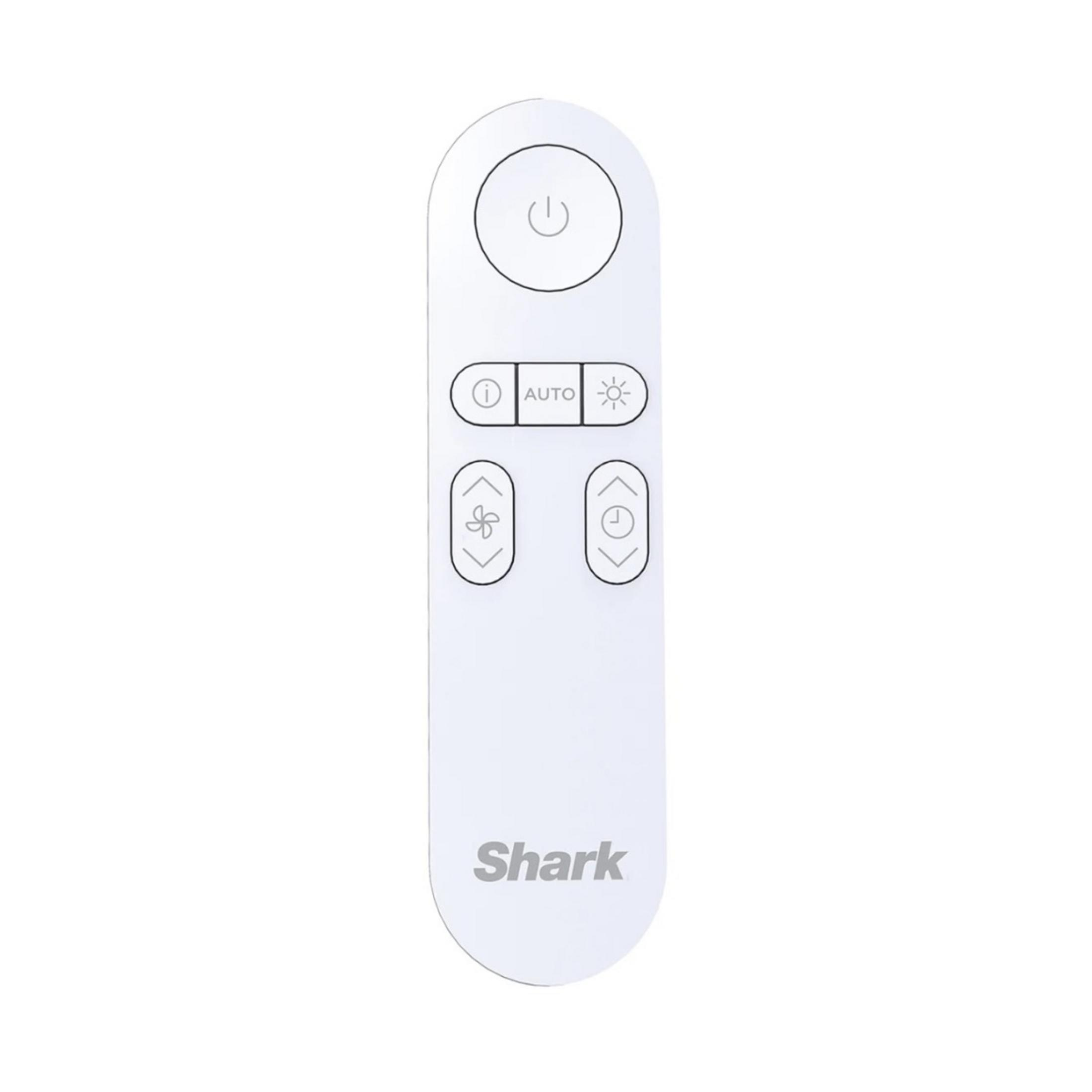 Ein weißes Shark-Fernbedienungsgerät mit Ein-/Aus-Taste, Info-, Auto- und Lüftersymbolen.