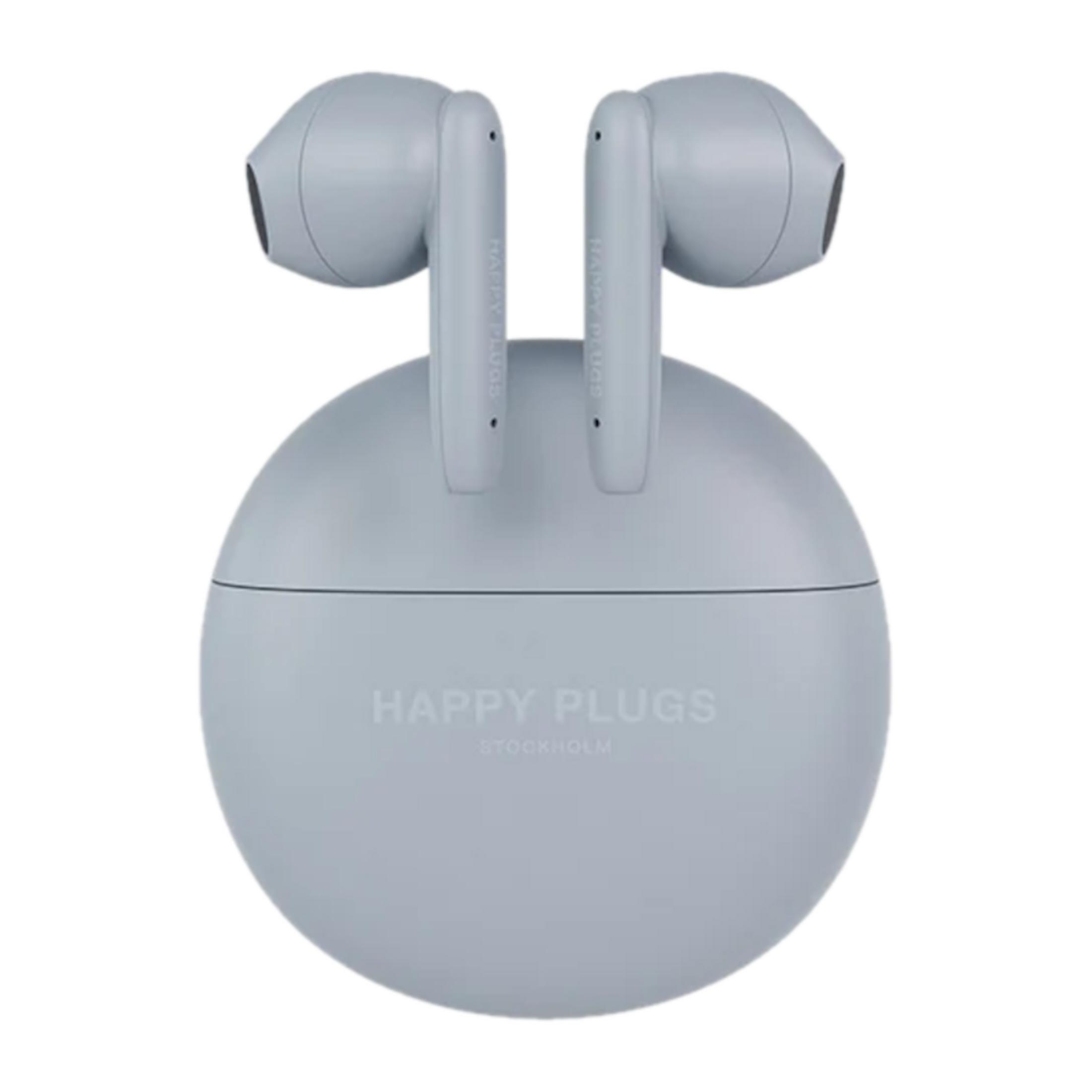 Un paio di auricolari wireless grigio chiaro in una custodia di ricarica rotonda.