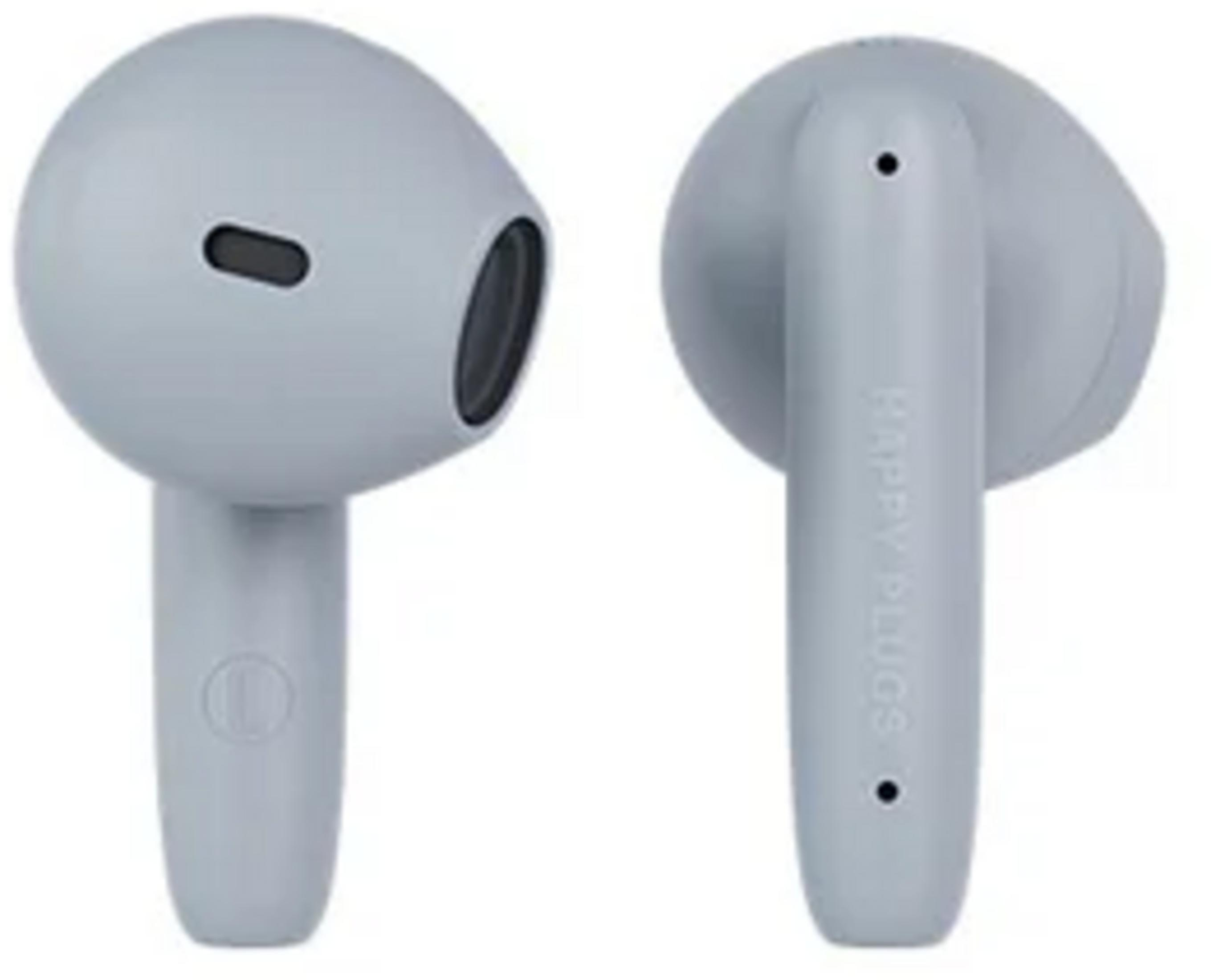 Due auricolari wireless grigi uno accanto all'altro su sfondo bianco.