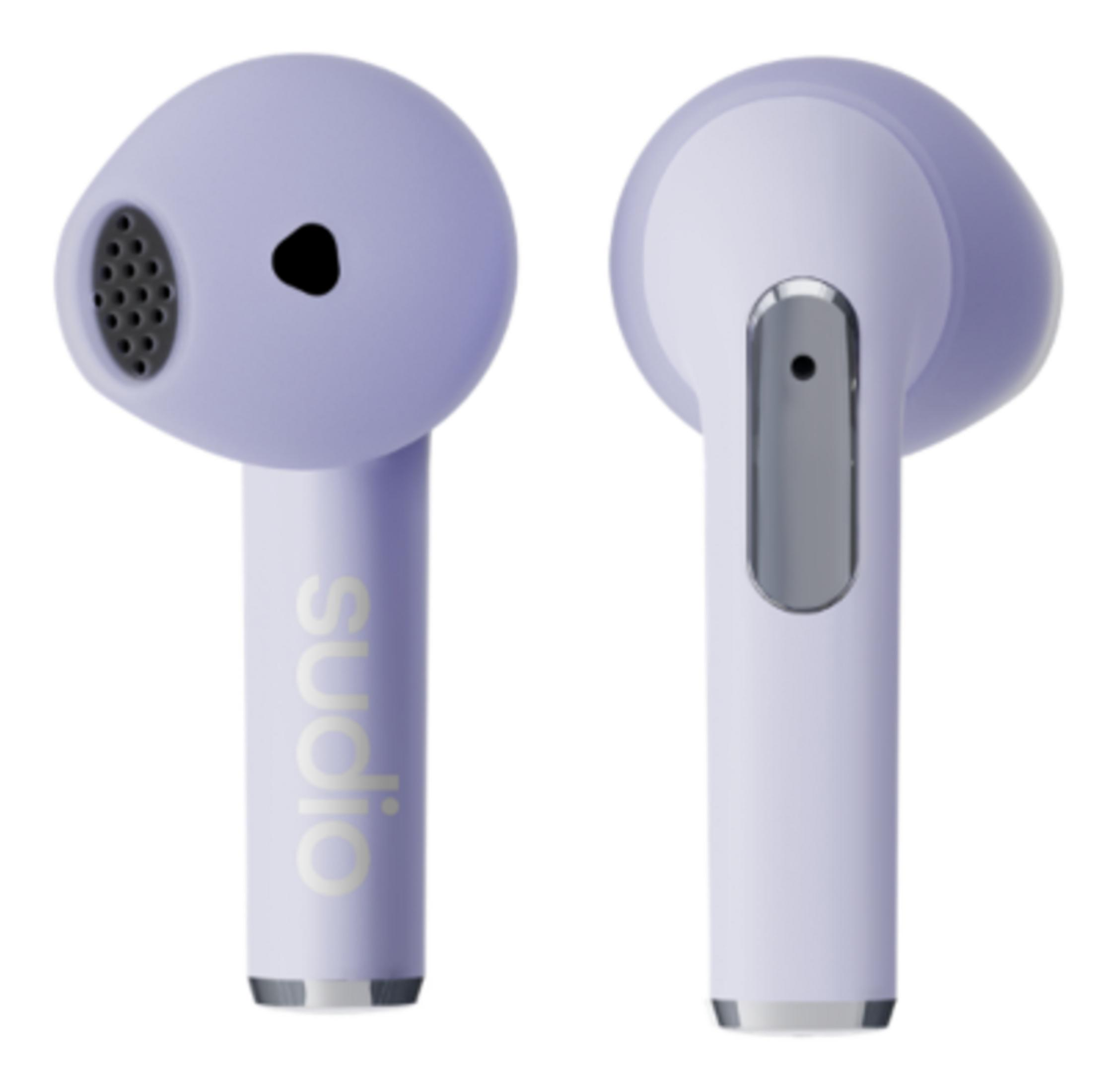 Due auricolari wireless lavanda con accenti argentati, quello sinistro ha una griglia.