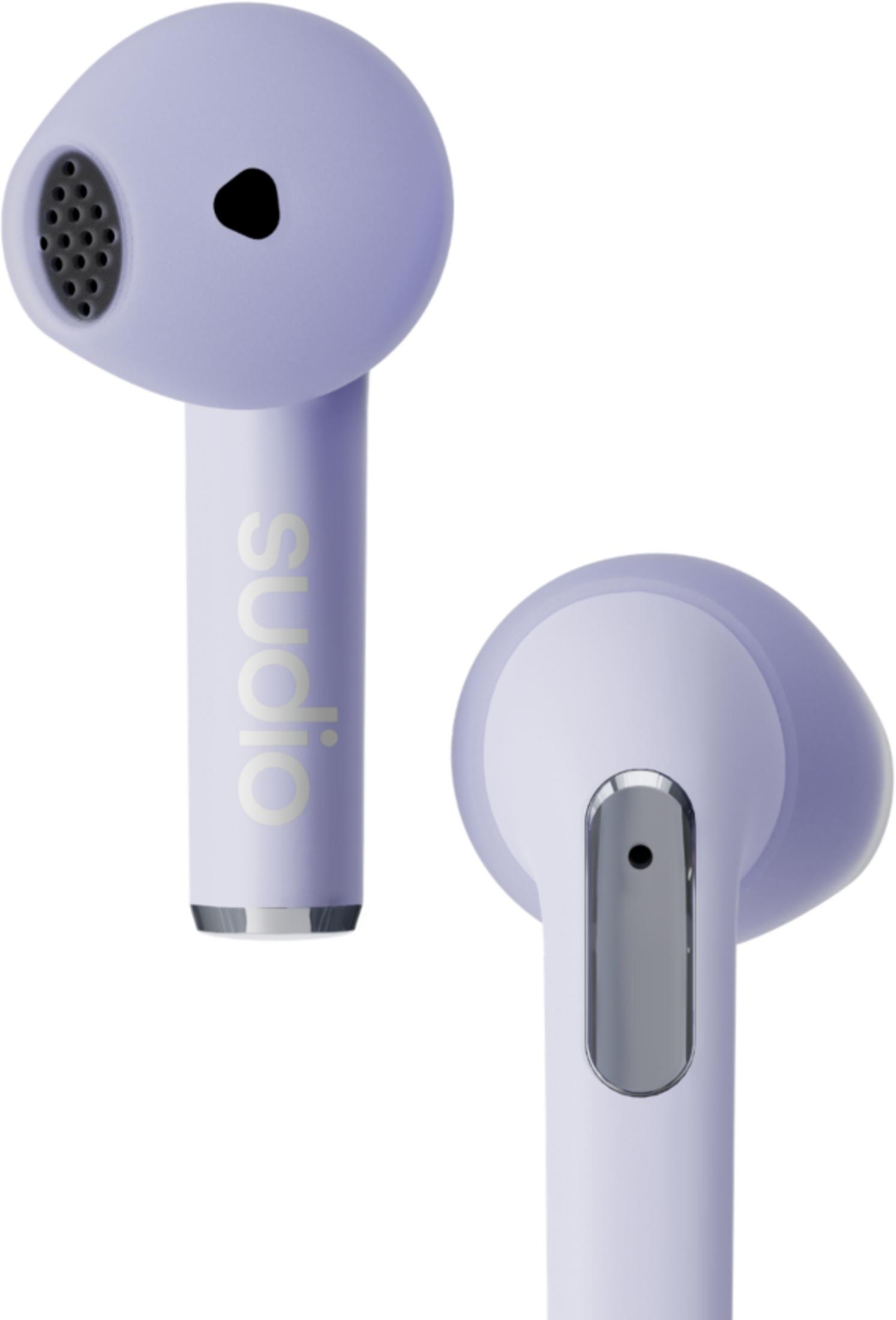 Due auricolari wireless lavanda con accenti argentati su sfondo bianco.