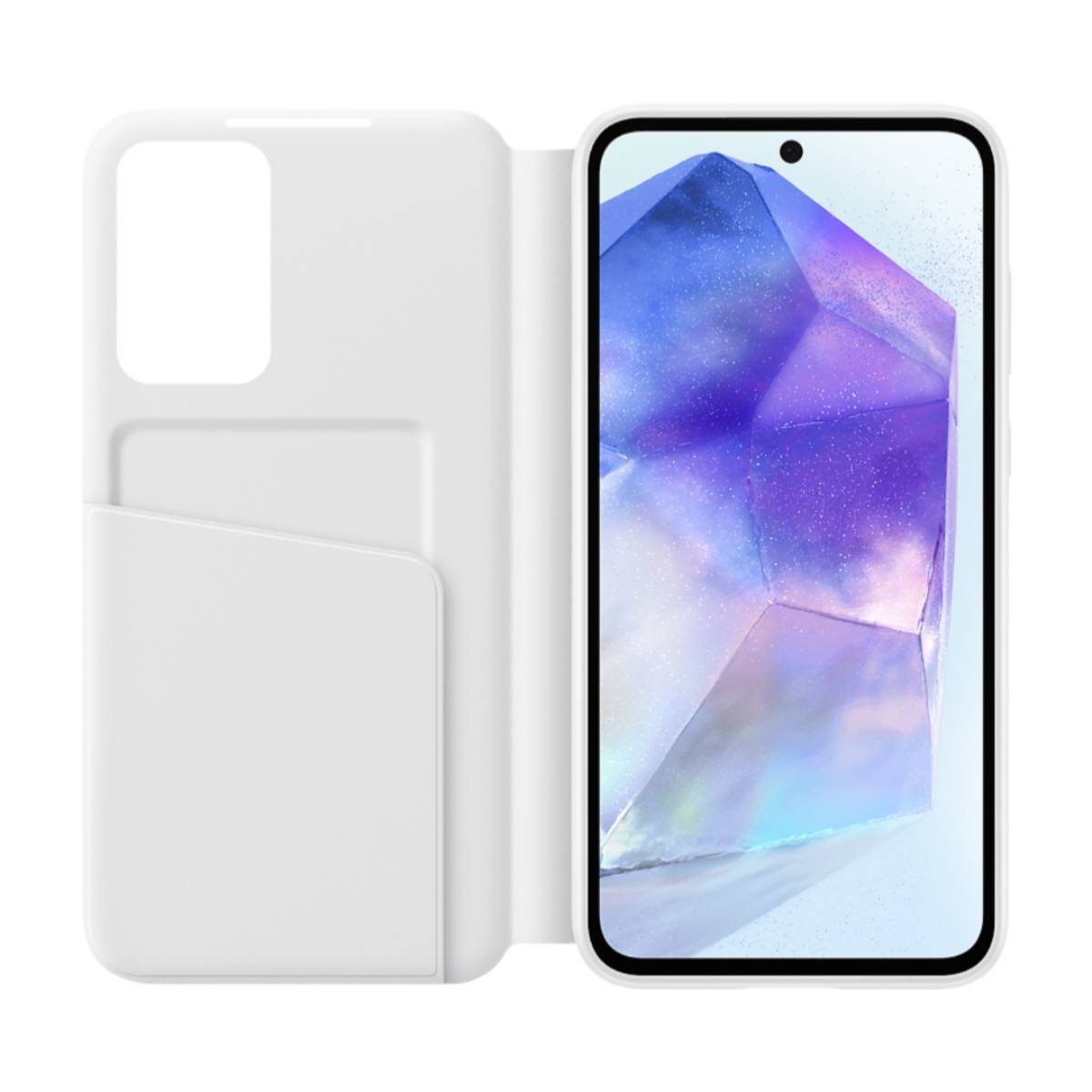 Ein weißes Smartphone-Flipcase mit einem Kristall-Hintergrundbild.