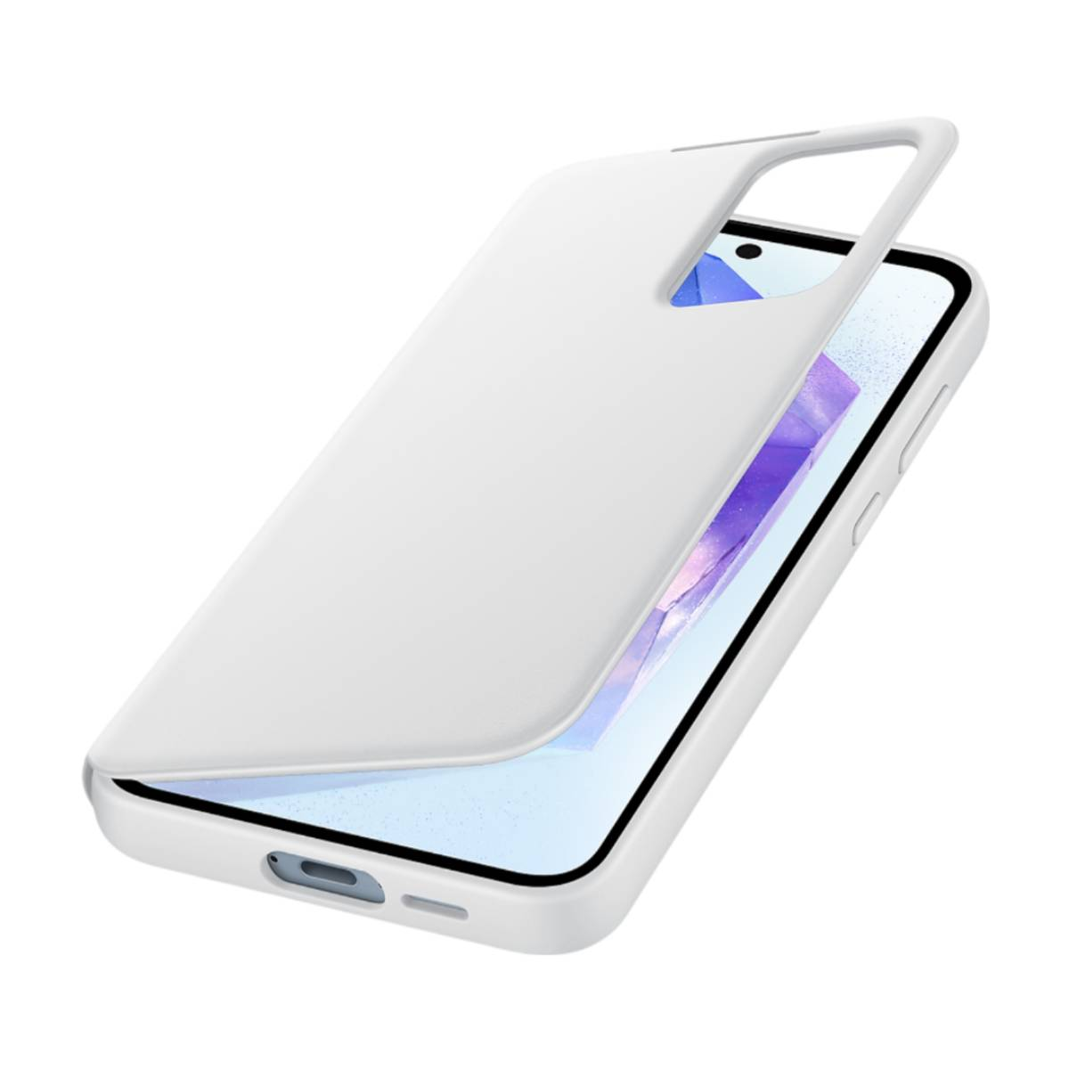 Ein weißes Handy mit einer weißen Hülle, die teilweise abgenommen wird.