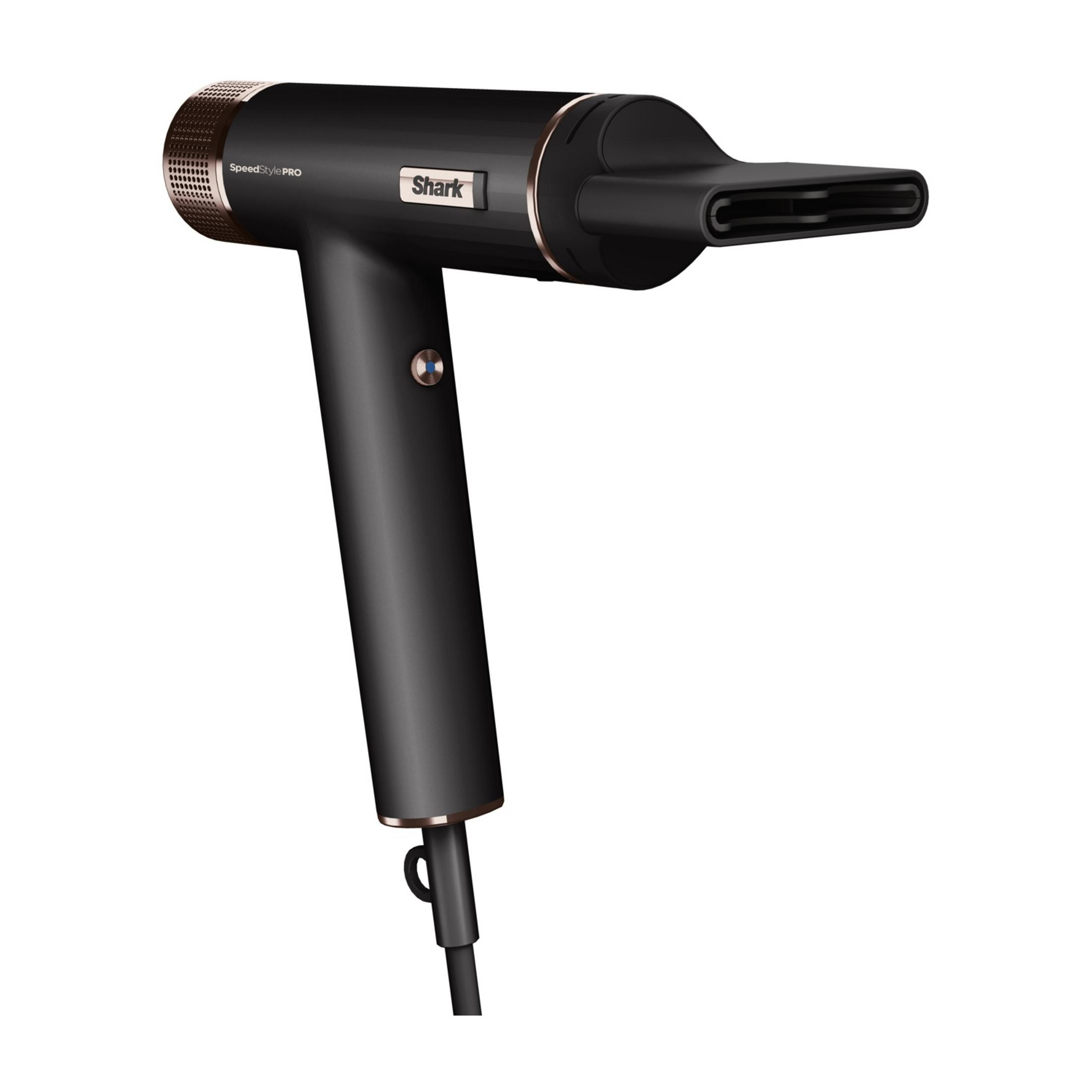 Czarna suszarka do włosów z miedzianymi akcentami i logo Shark.