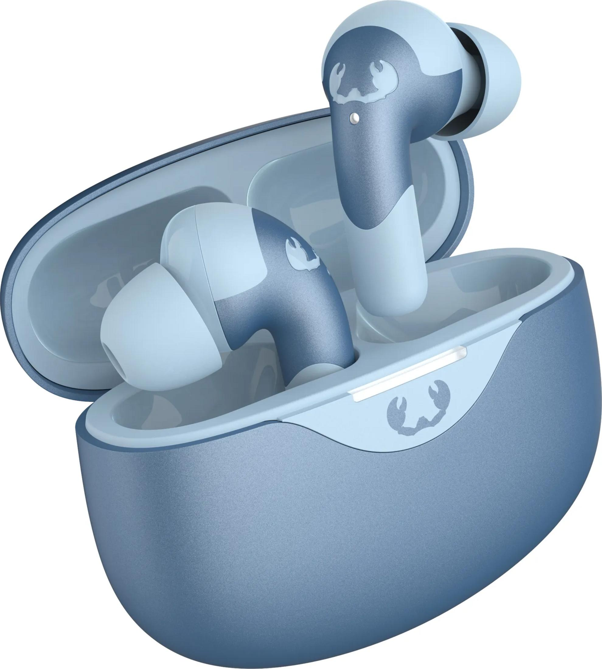 Auricolari wireless blu in custodia di ricarica con logo granchio.