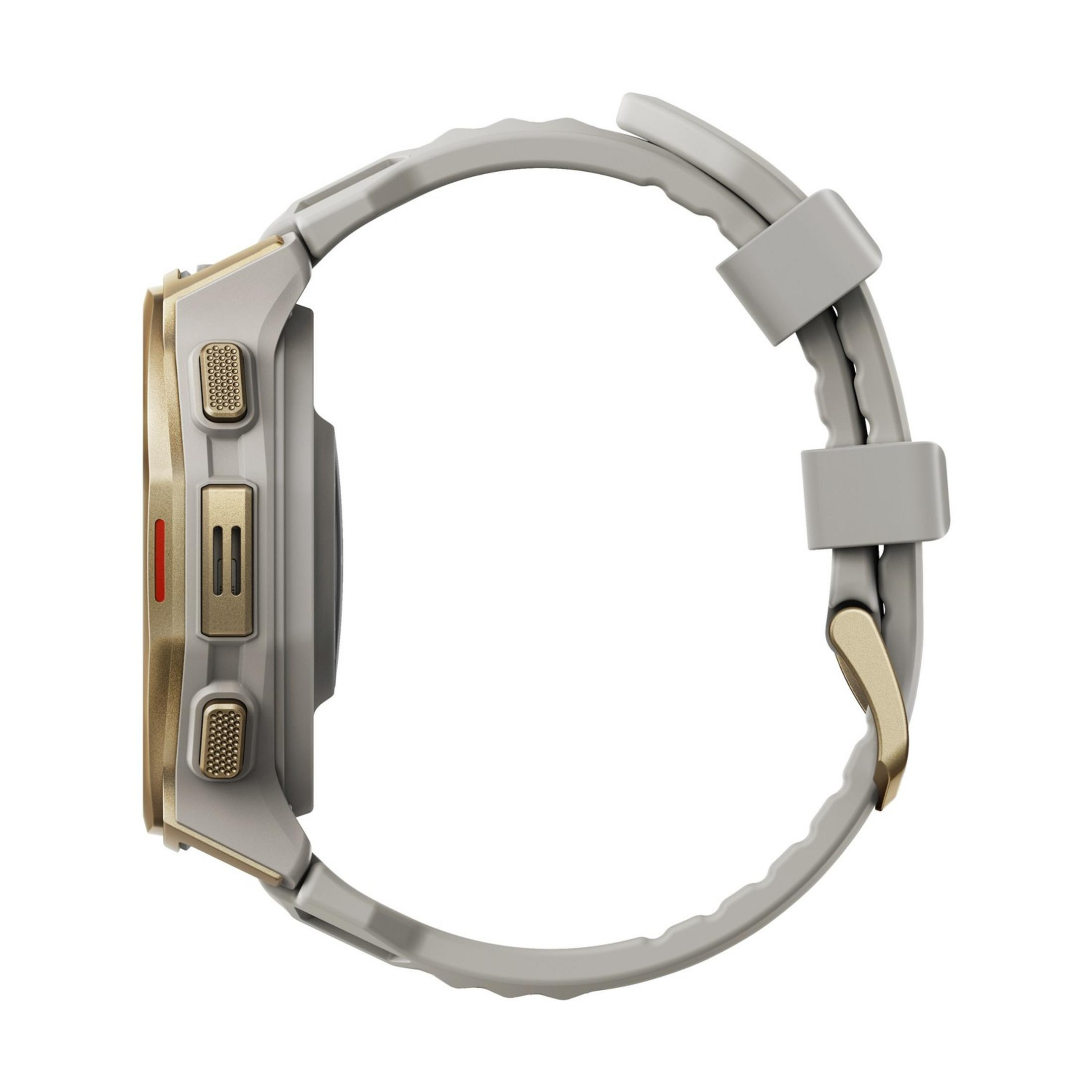 Szary smartwatch ze złotymi akcentami i przyciskami na białym tle.