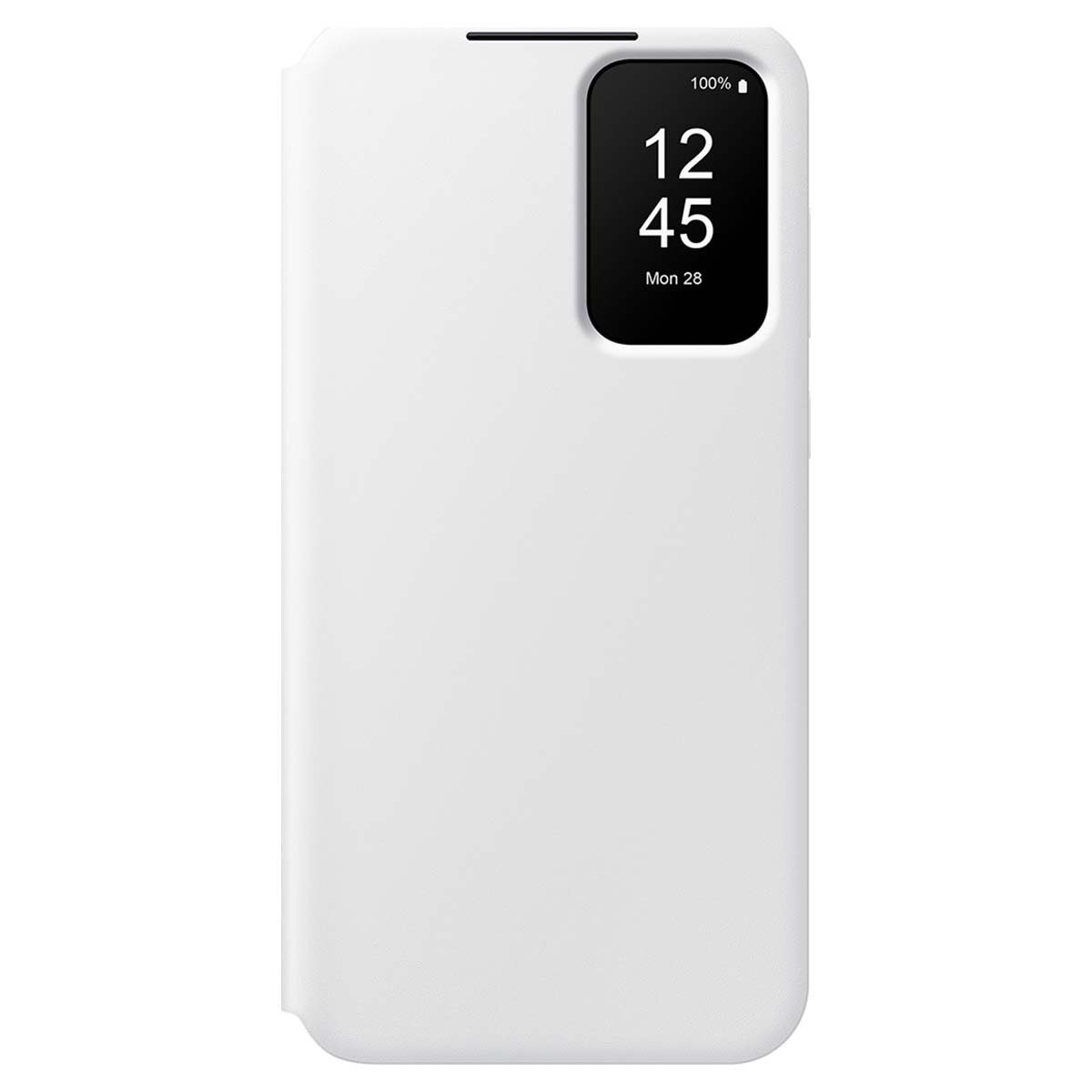 Funda de teléfono blanca que muestra parte de la pantalla con la hora.