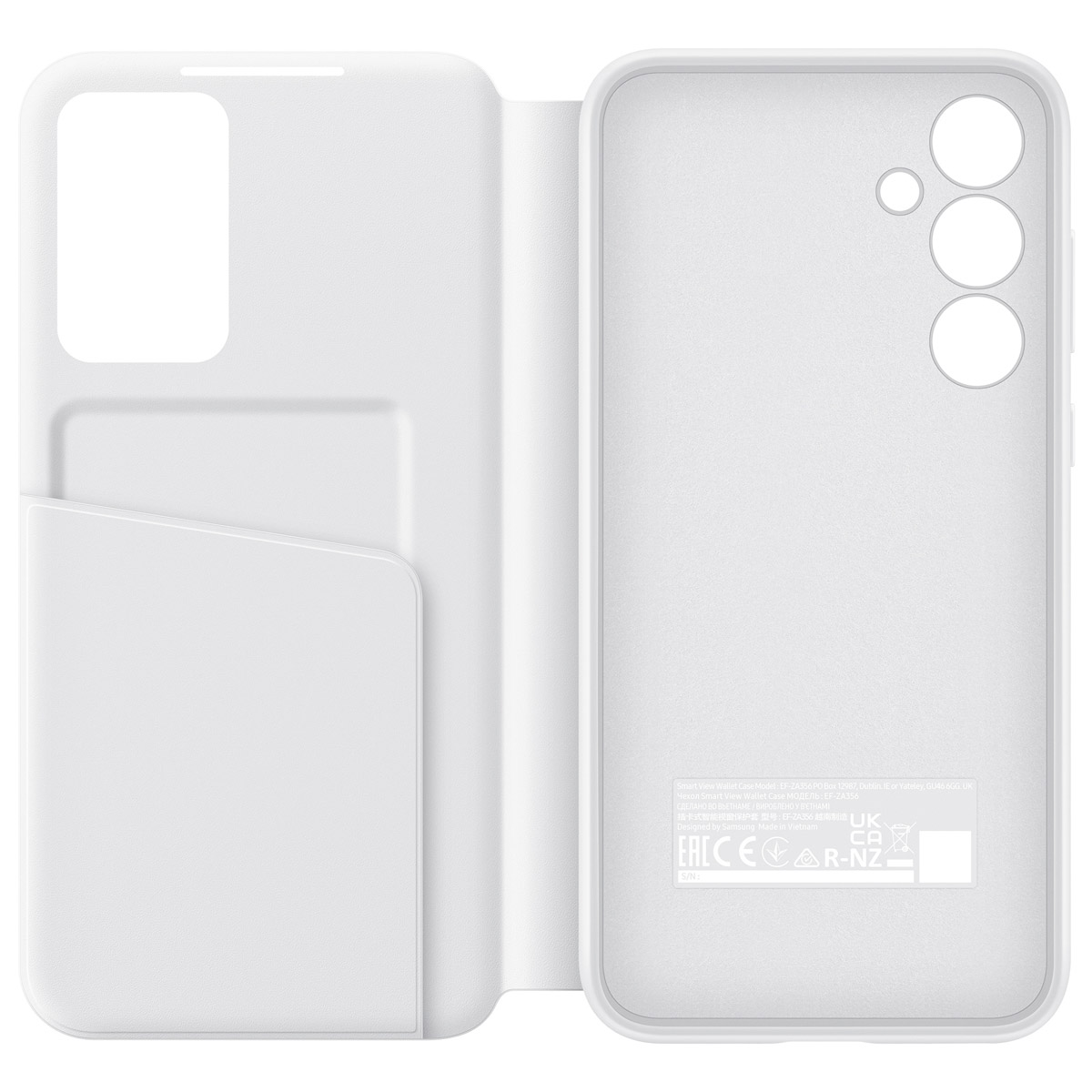 Una funda blanca para teléfono con ranura para tarjetas y recorte para la lente.