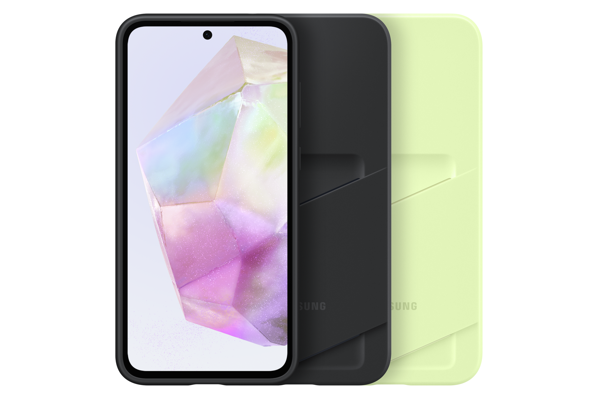 Smartfon z kolorowym ekranem obok ciemnoszarego i jasnozielonego etui na telefon.