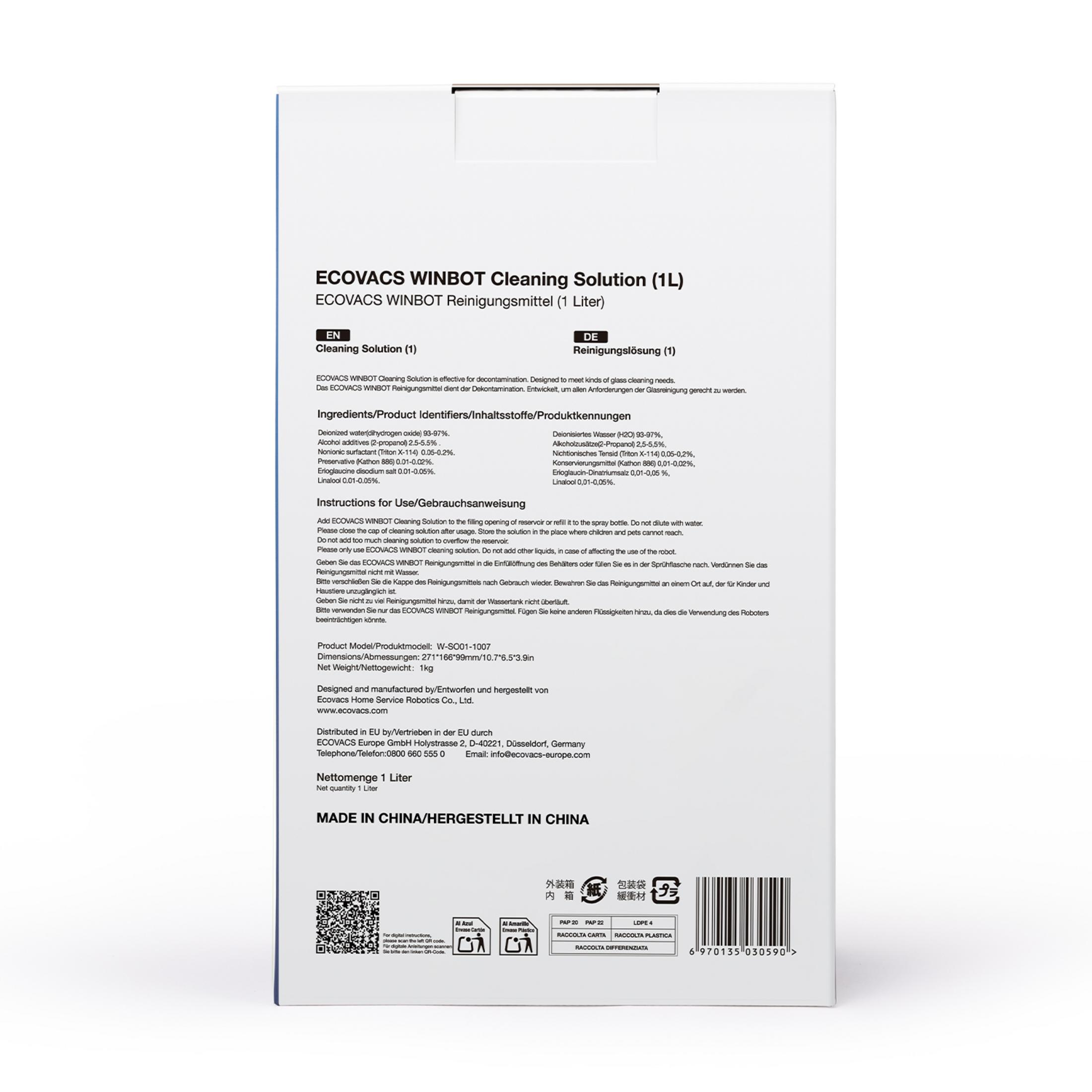 ECOVACS WINBOT cleaning solution packaging. Includes ingredients and instructions.
