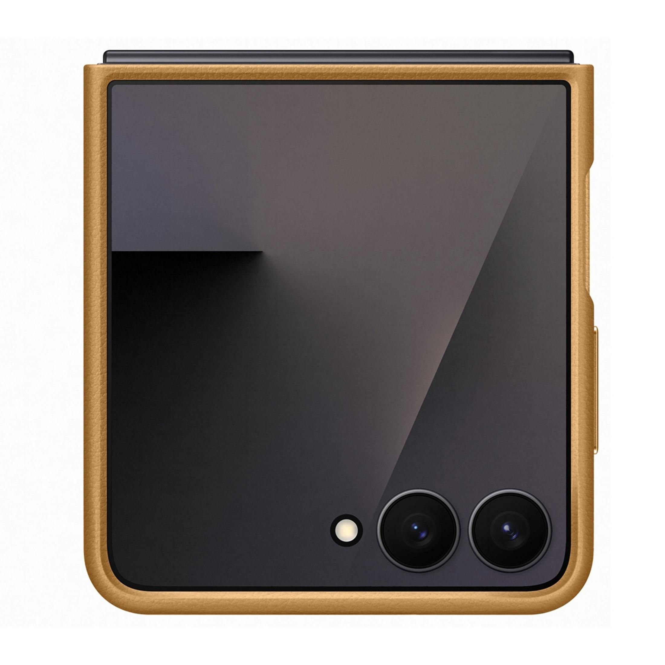 Ein geschlossenes Smartphone mit braunem Rahmen und schwarzen Kameras.