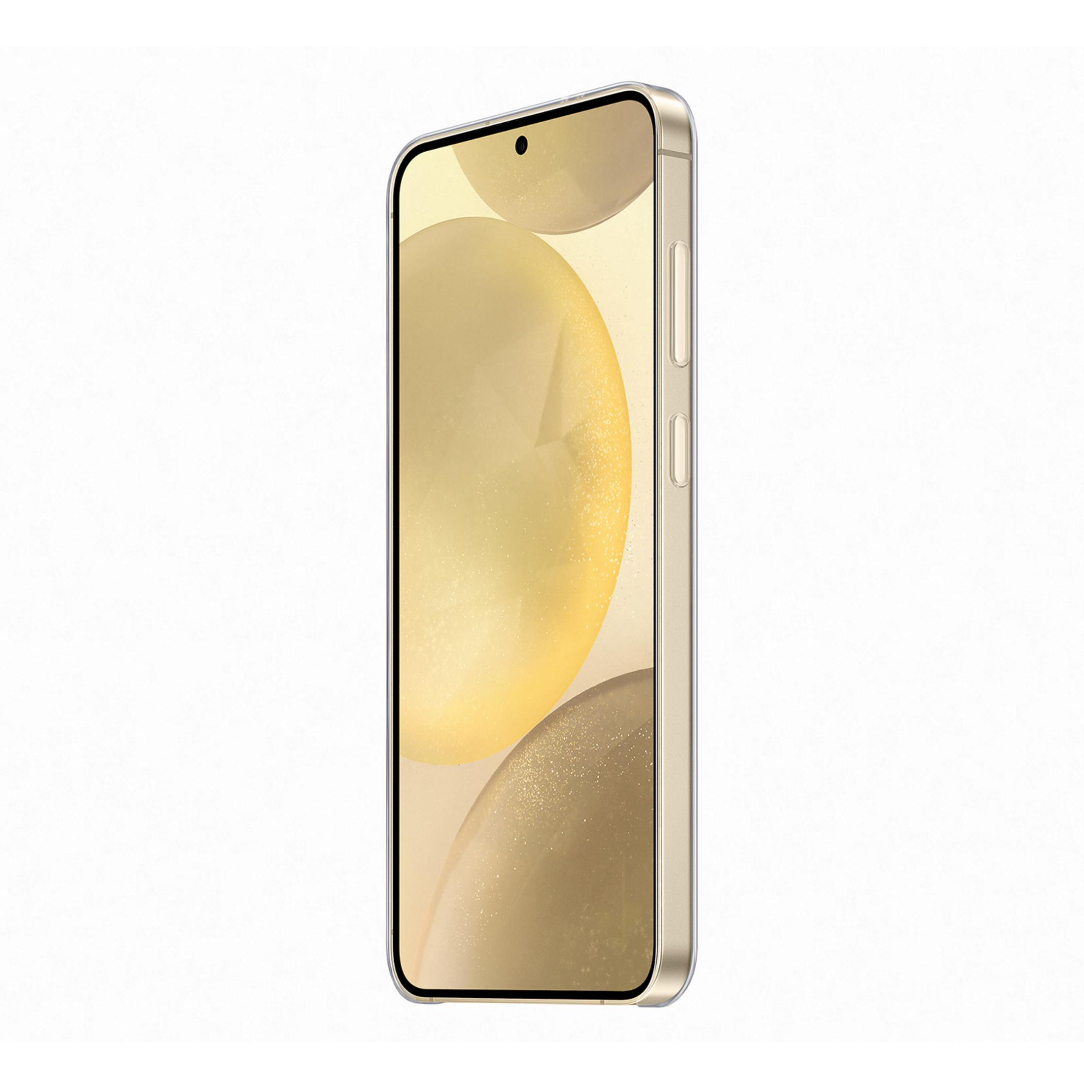 Una cornice dorata per smartphone con custodia trasparente su sfondo bianco.