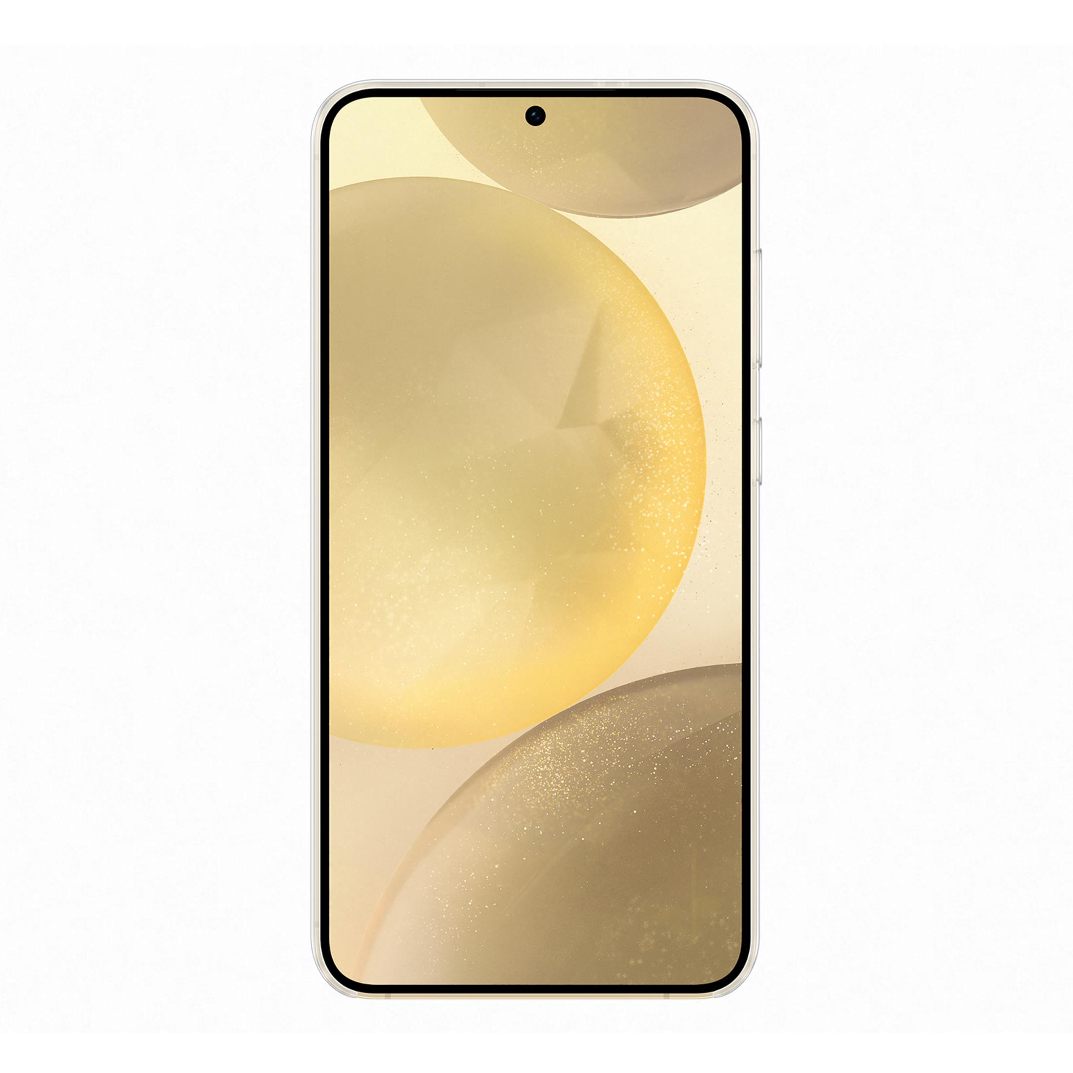 Uno smartphone bianco con uno sfondo dorato e scintillante.