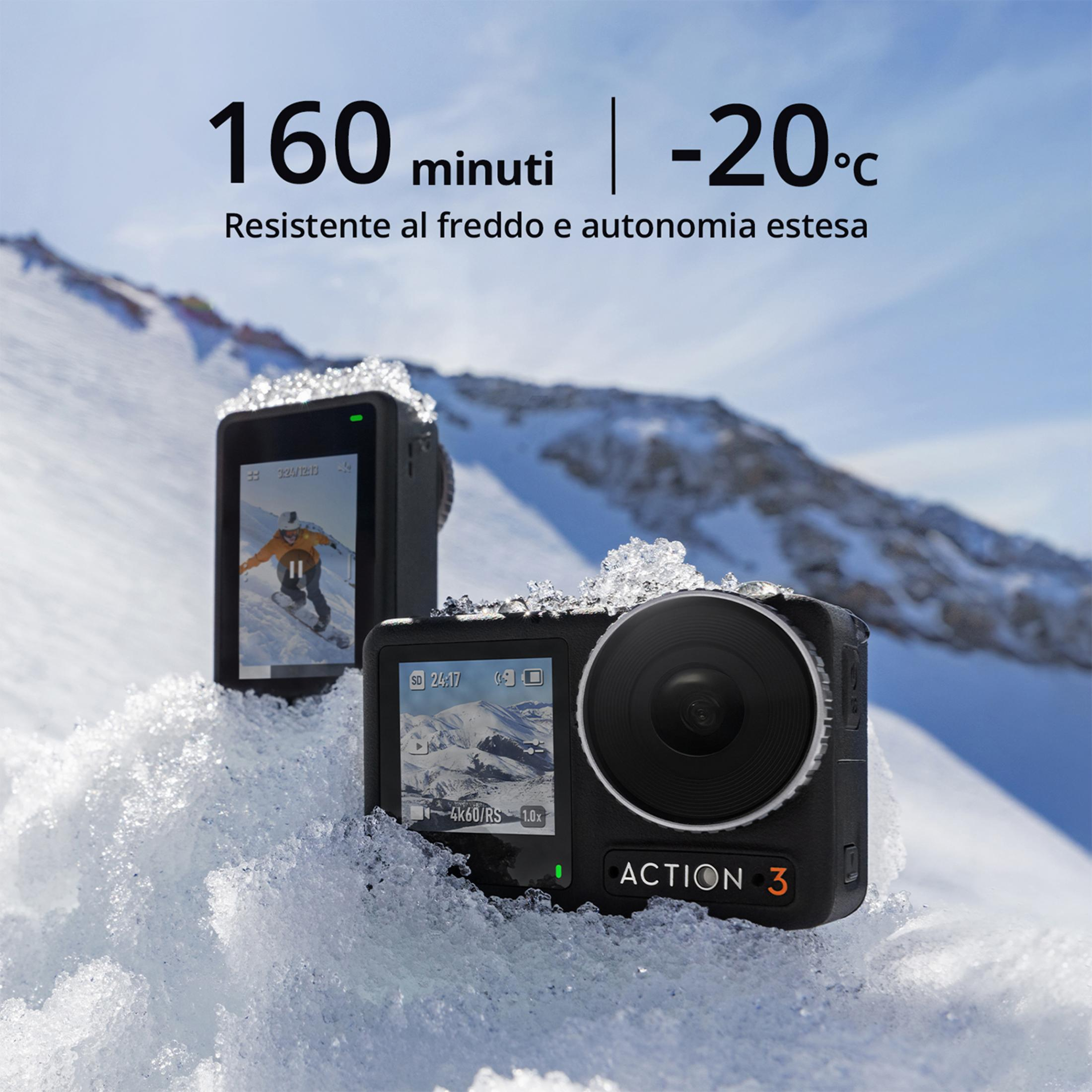 Kamera akcji na śniegu, z wyświetlaczem "160 min" i "-20°C".