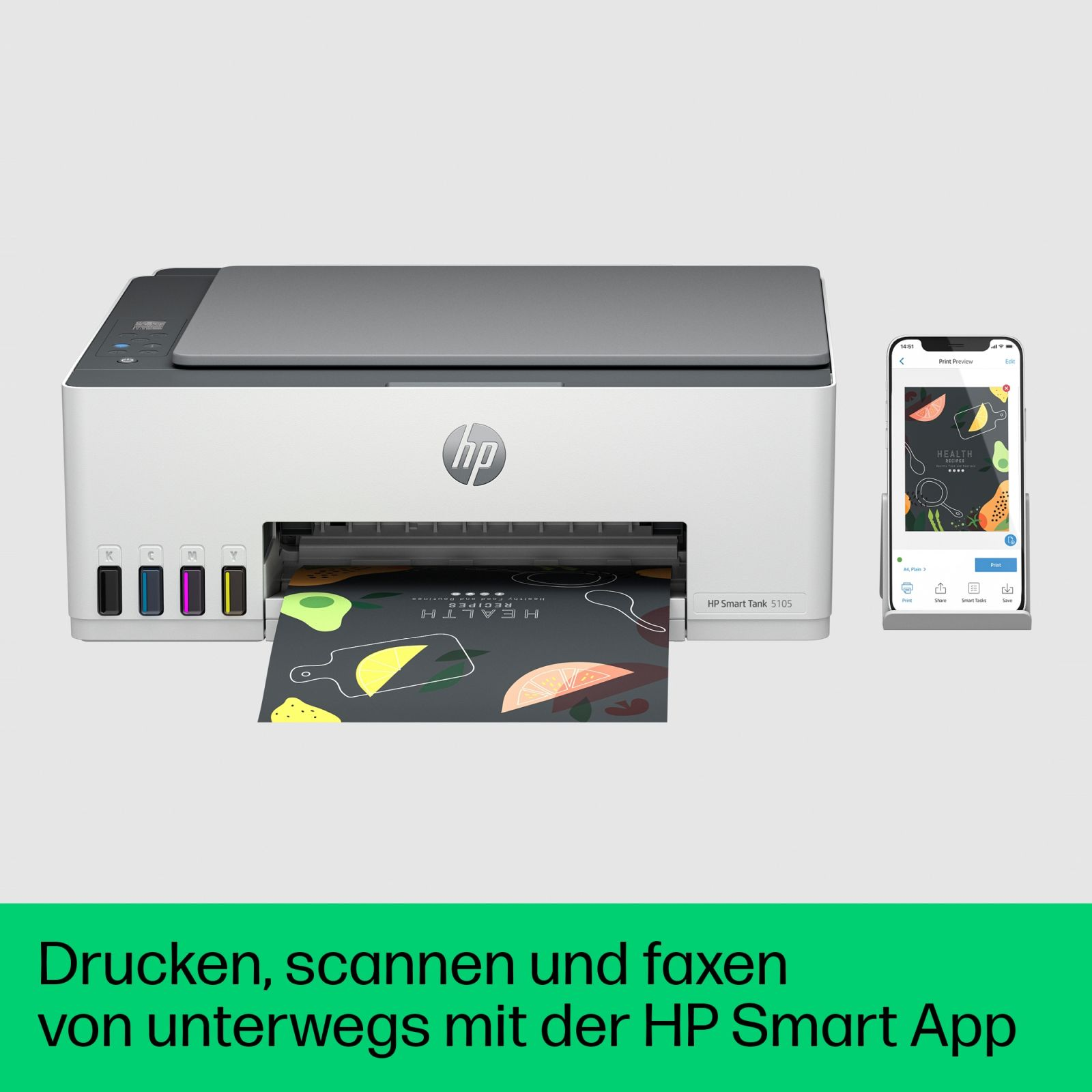 Ein HP Drucker druckt ein Rezeptbuch mit Obst und Gemüse. Eine App ist daneben.