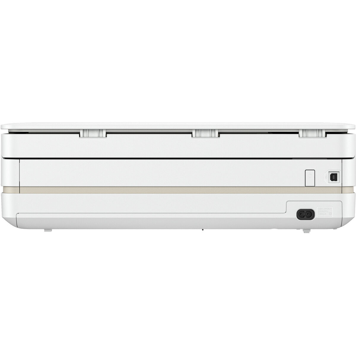 Een witte printer met een aan/uit-schakelaar en stroomconnector aan de achterkant.