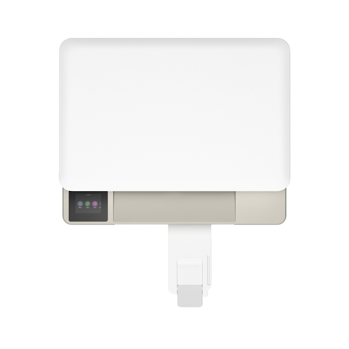 Een witte printer met een klein touchscreen en uitschuifbaar dienblad.