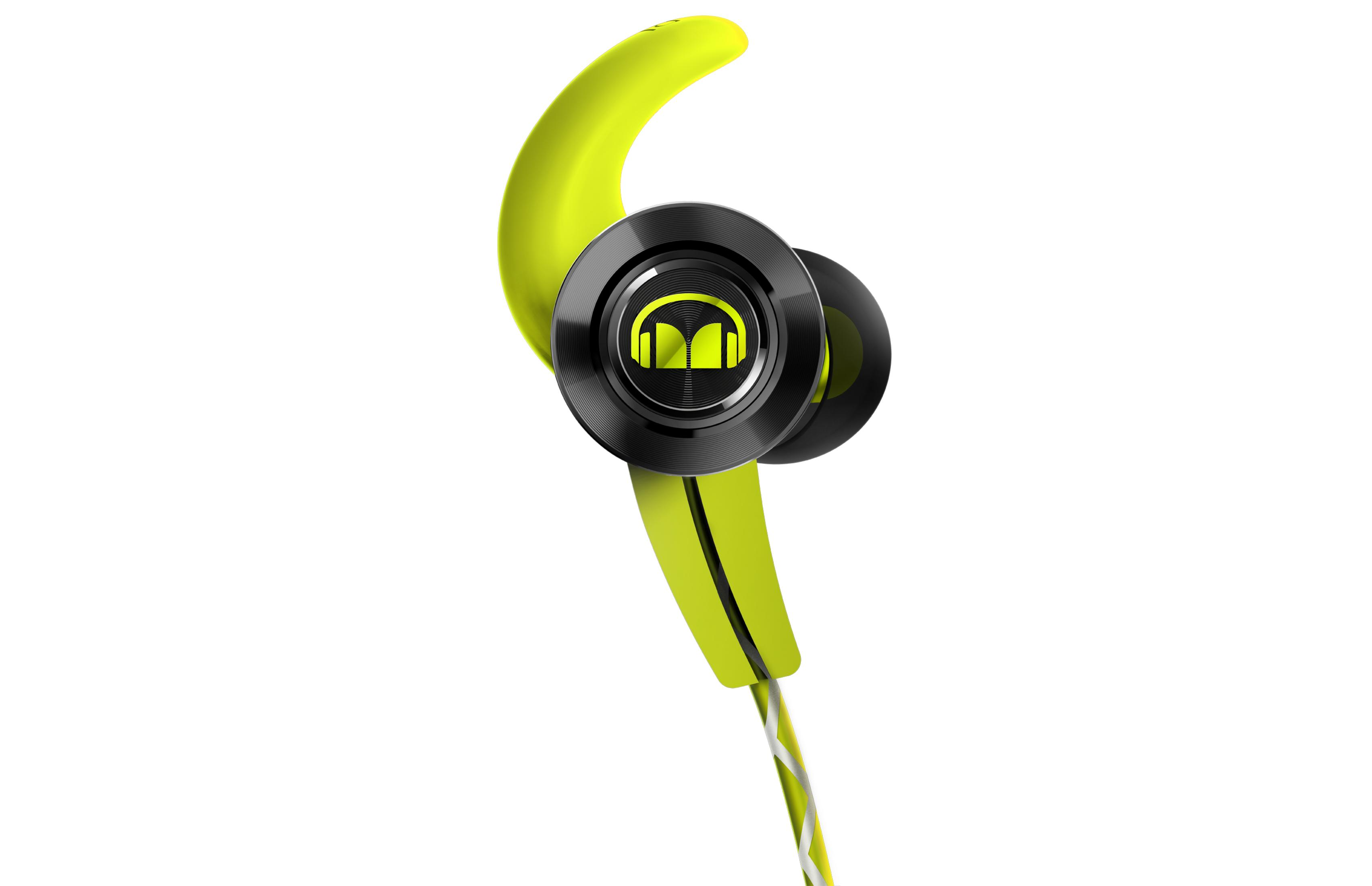 Neongelbe In-Ear-Kopfhörer mit schwarzem Metallring und Kopfhörerlogo.