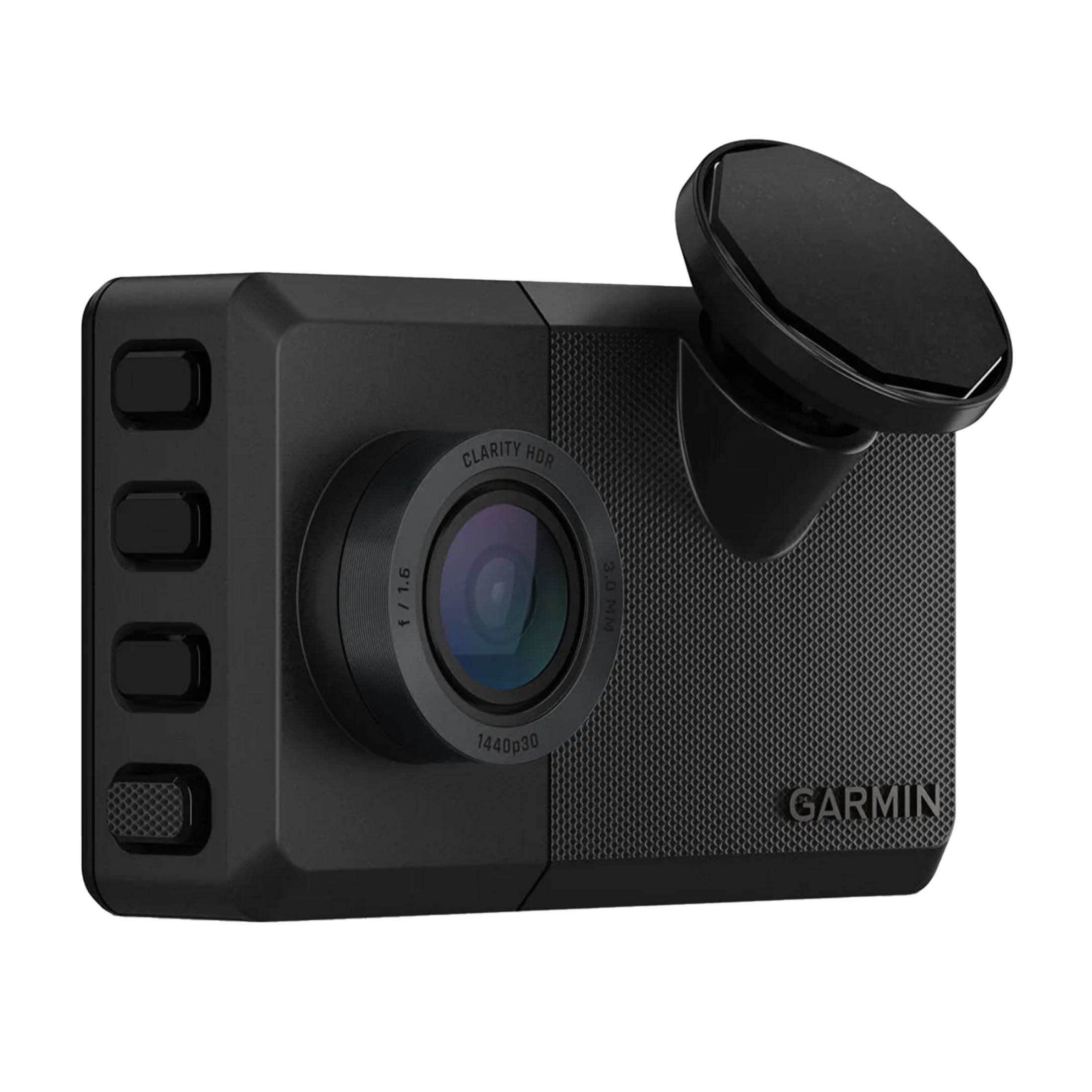 Schwarzer Garmin Dashcam mit einem Objektiv und einem Saugnapfhalter.